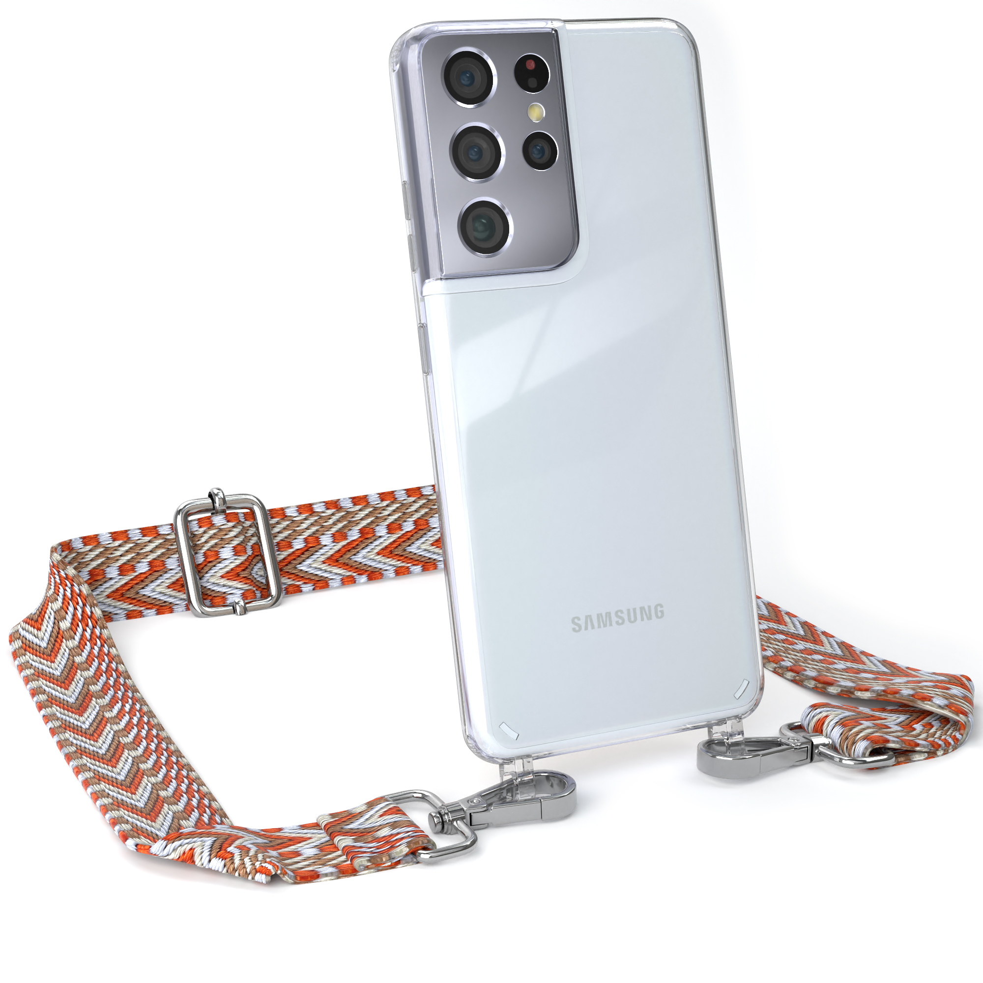 S21 Umhängetasche, Hellblau Ultra Samsung, EAZY CASE / Boho Rot mit Kordel Style, Galaxy 5G, Transparente Handyhülle