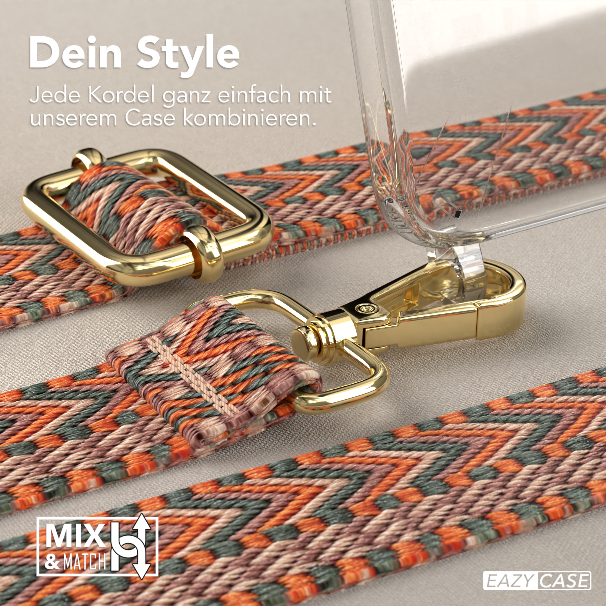 Nahaufnahme eines Handyhüllenriemens mit Musterdesign und goldener Hardware.