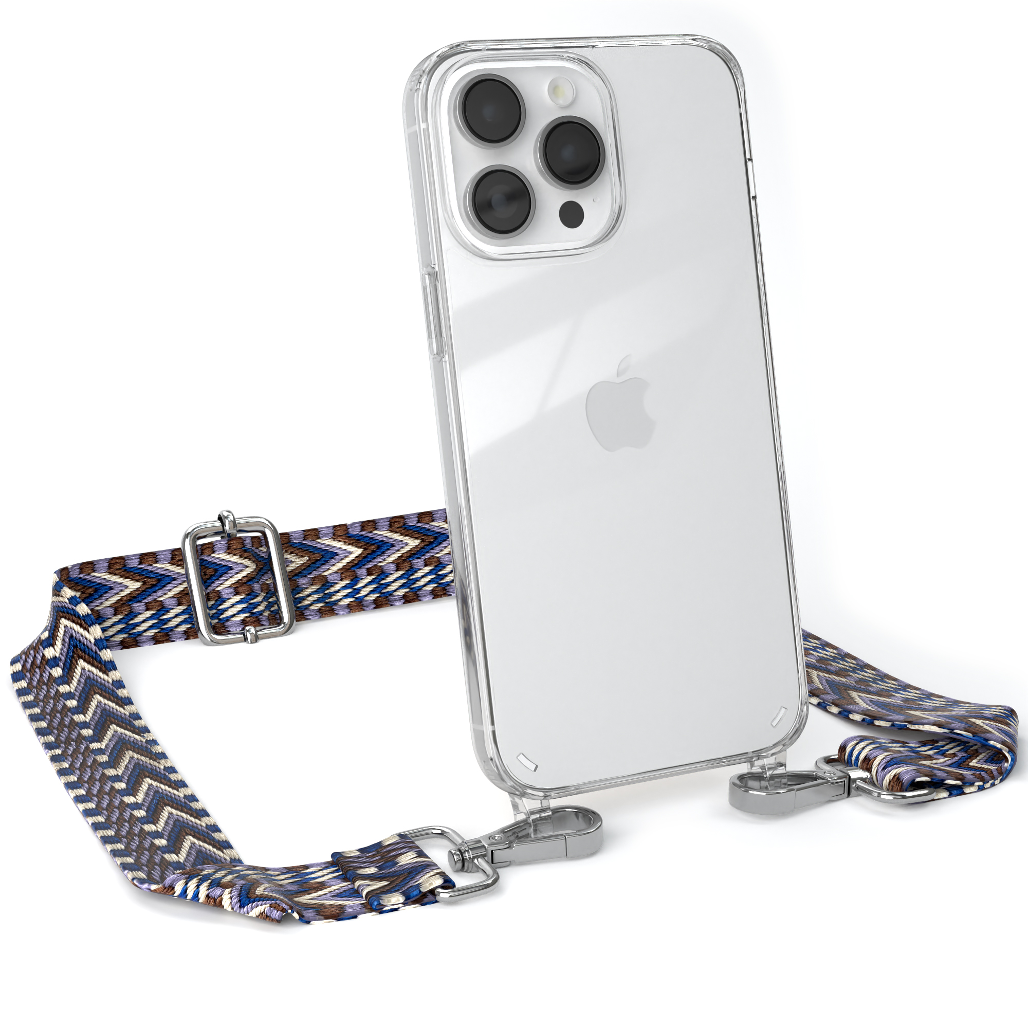 Transparente Handyhülle mit gemustertem Riemen. Telefon hat Apple-Logo, Riemen hat blaue und braune Zickzackmuster, beide mit silbernen Verschlüssen.