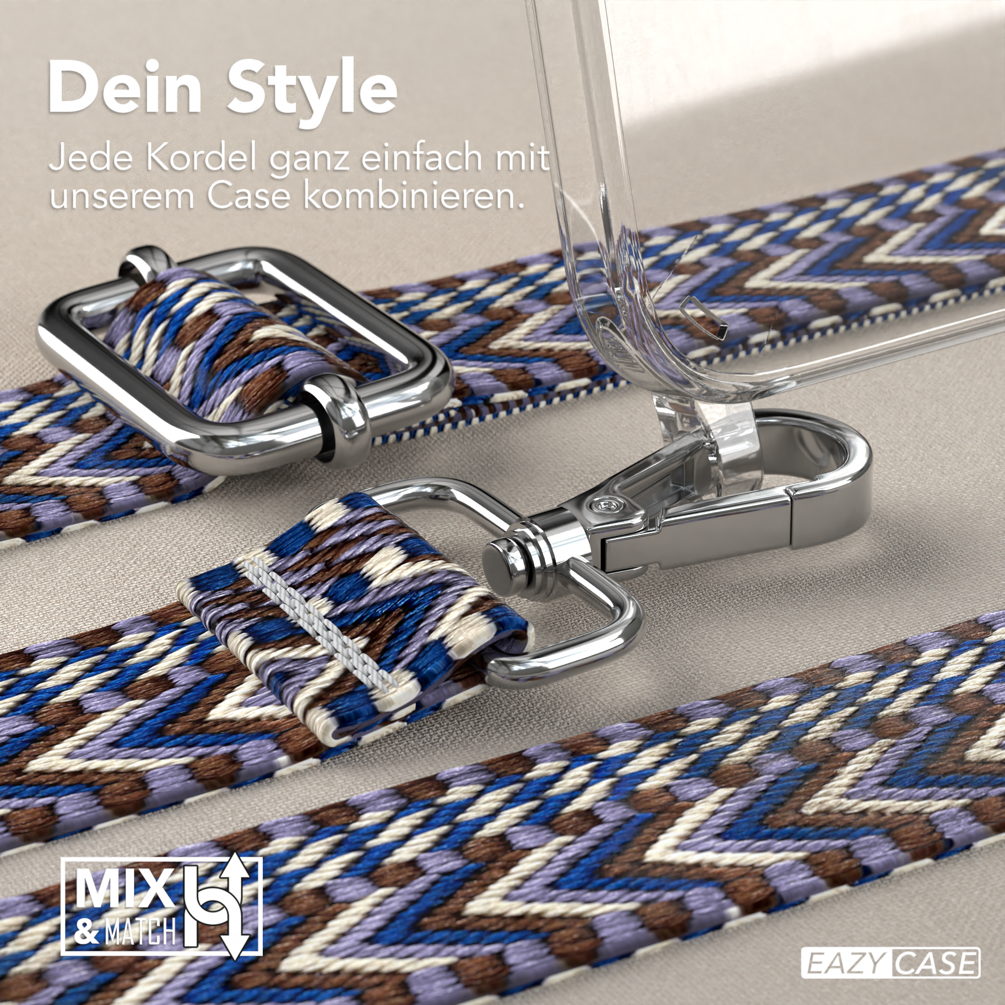 Nahaufnahme von Handygurten mit Metallverschlüssen und dekorativen blau-violetten Mustern.