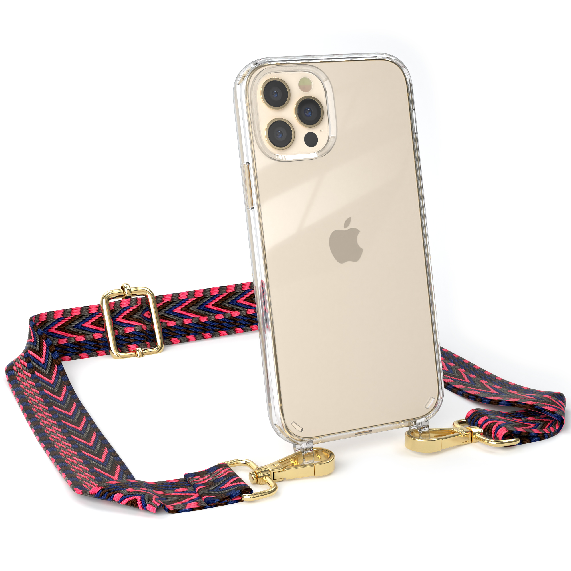 Transparente Handyhülle mit pink-blau-schwarzem Musterriemen. Ein iPhone befindet sich darin.