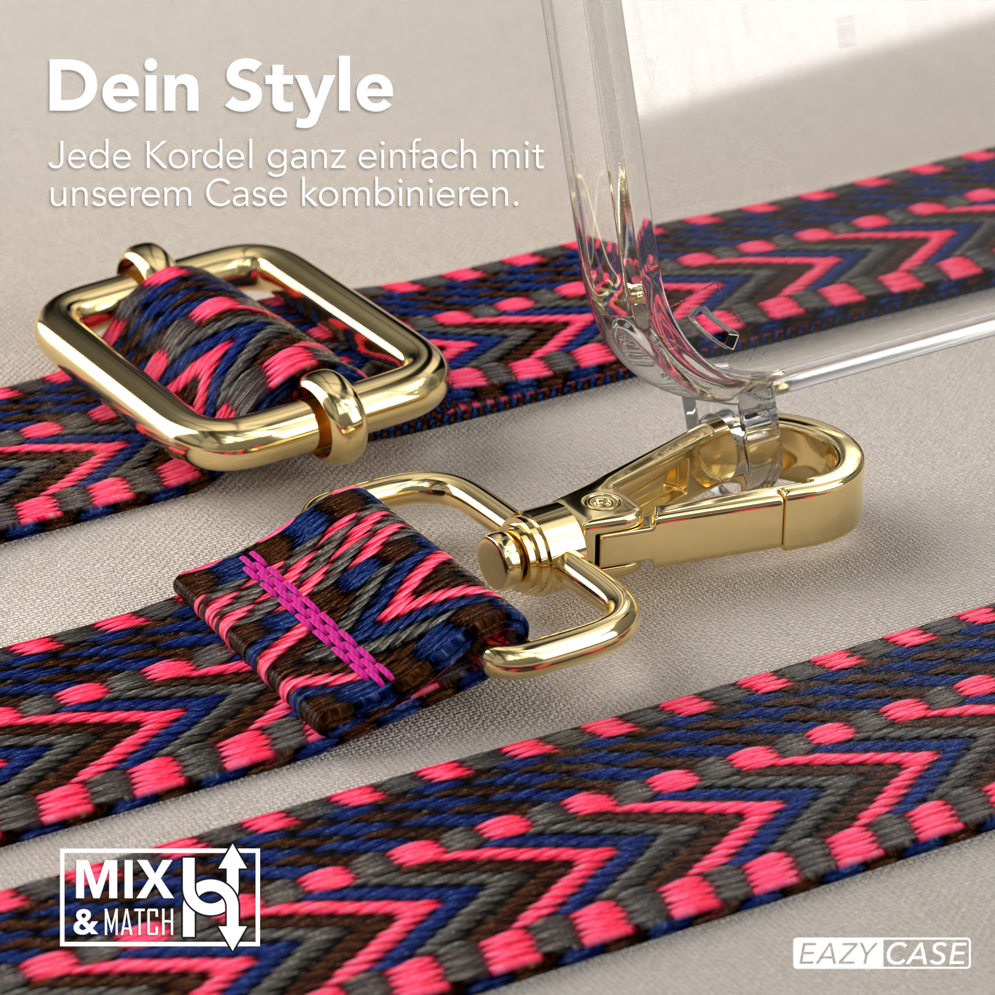 Nahaufnahme eines Riemens mit goldenem Verschluss. Der Riemen hat ein rosa, blaues und graues Zickzackmuster.