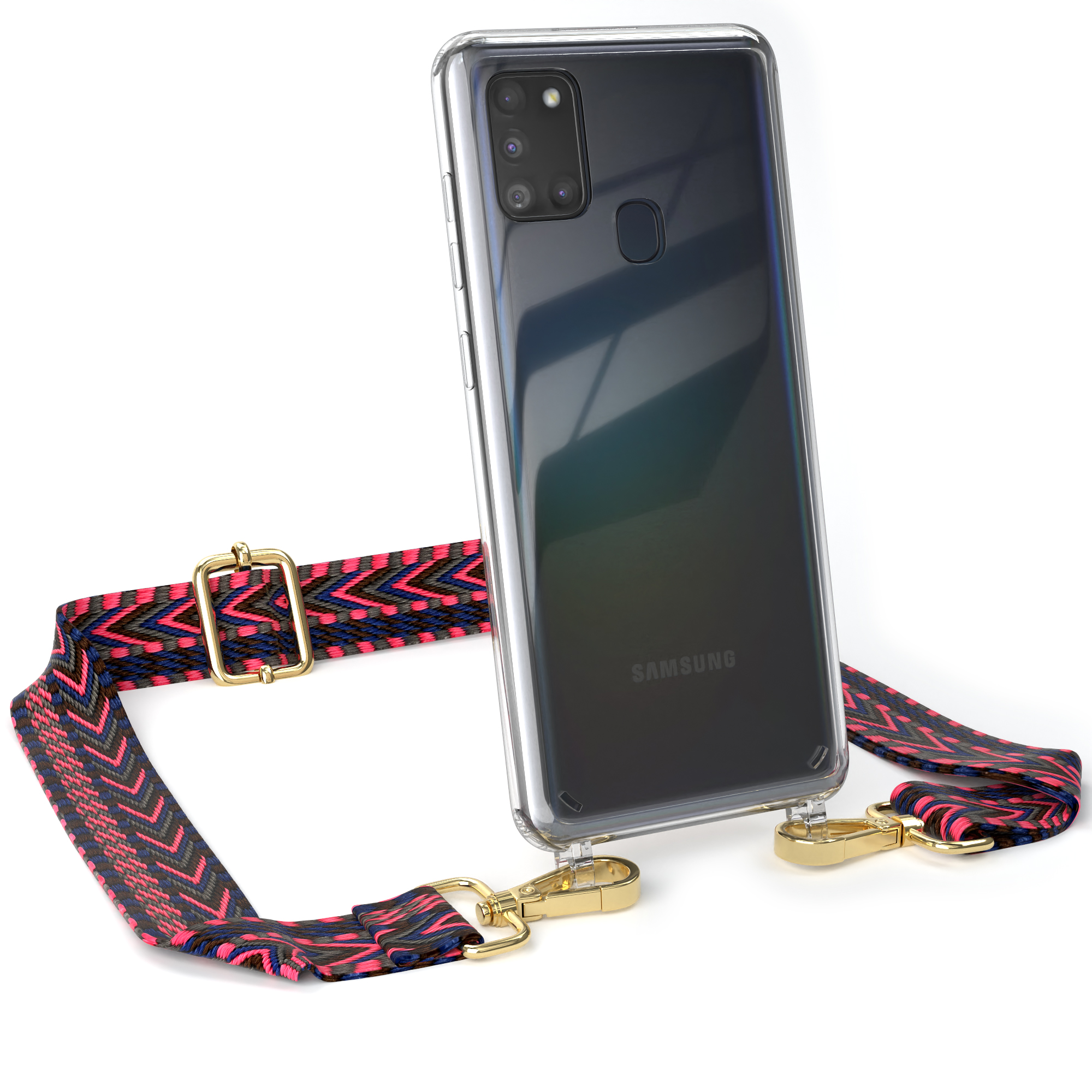 Klare Handyhülle mit Riemen. Der Riemen hat ein rosa und marineblaues Chevron-Muster mit goldener Hardware.