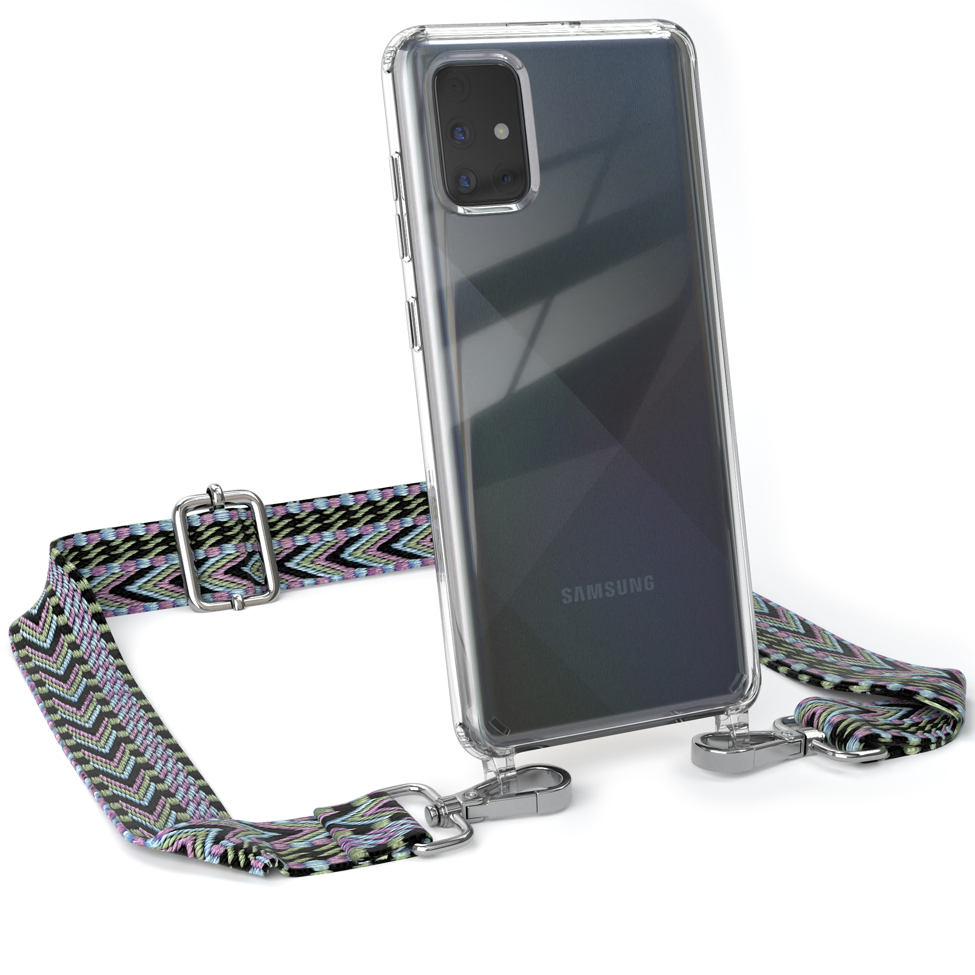 / Grün Violett Umhängetasche, Samsung, Galaxy EAZY mit Transparente CASE Handyhülle Style, Boho Kordel A71,