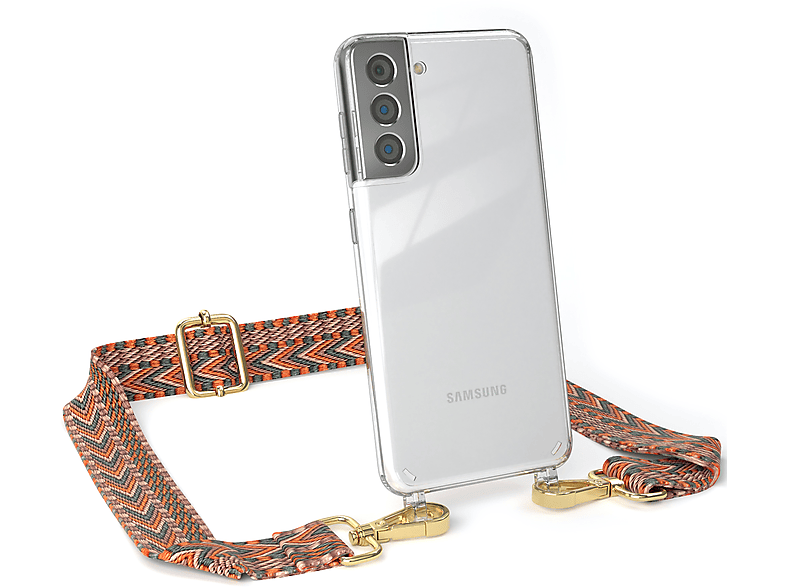 EAZY CASE Transparente Handyhülle mit Orange Kordel 5G, S21 Grün Galaxy Umhängetasche, Boho / Samsung, Style
