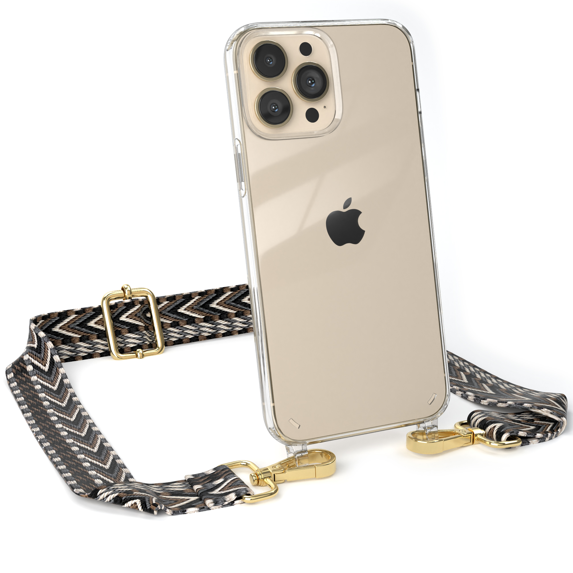 iPhone mit klarer Hülle, gemustertem Riemen und goldener Hardware. Apple-Logo sichtbar.