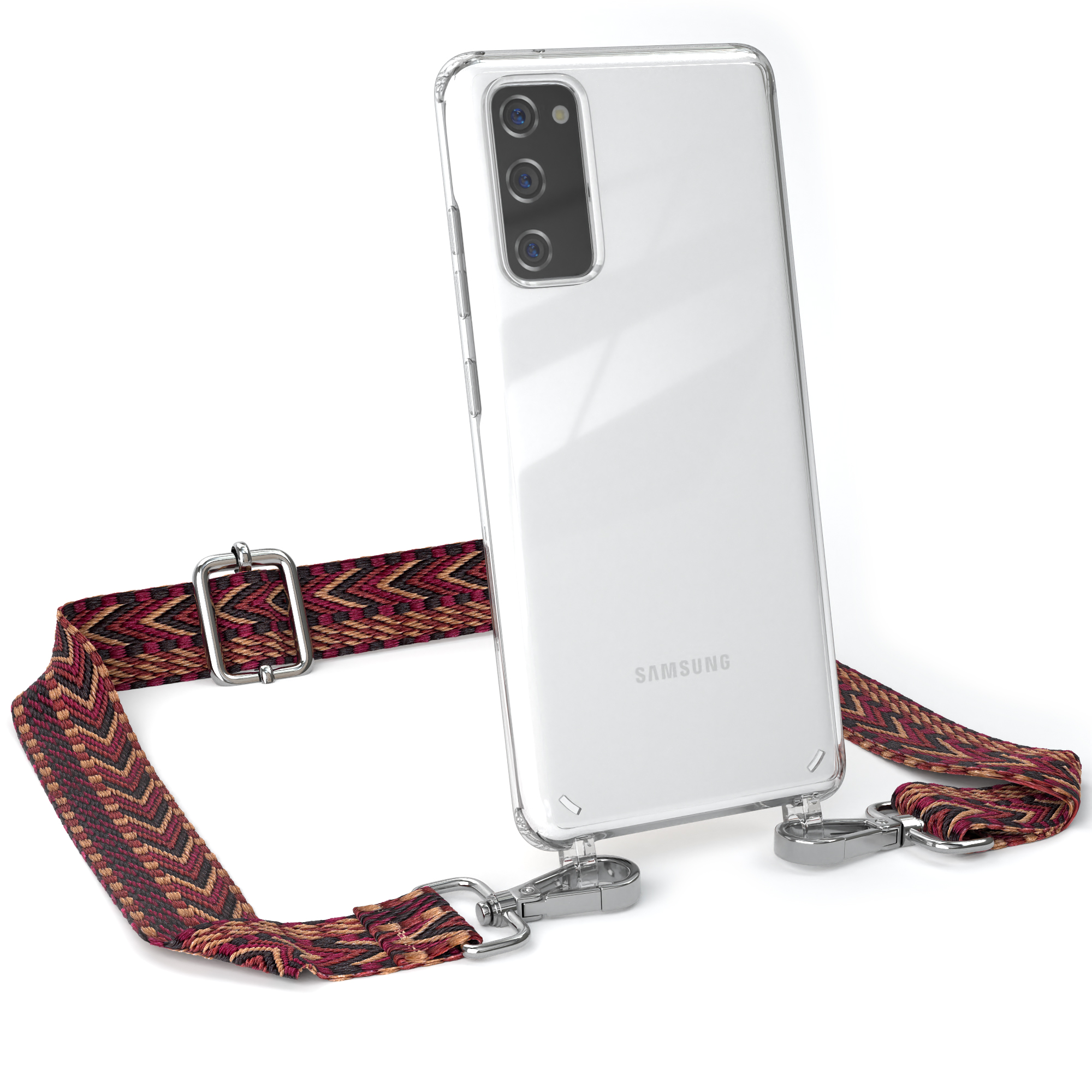 Transparente Handyhülle mit rotbraunem Zickzack-Armband. Telefon ist weiß. Armband hat silberne Metallverschlüsse.