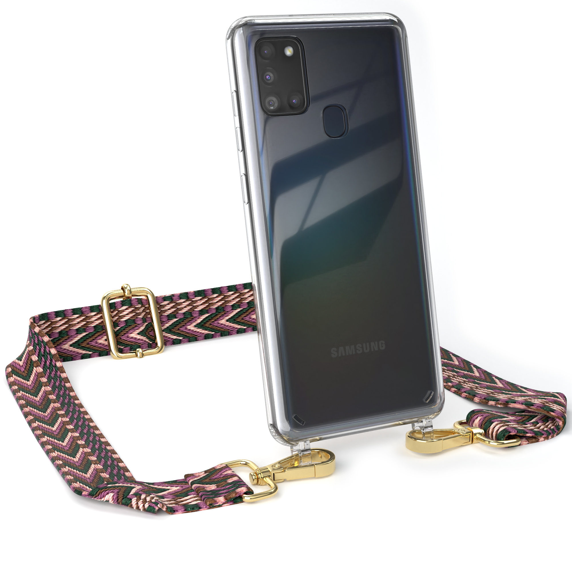 Transparente Handyhülle mit Schlüsselband. Das Schlüsselband ist pink, grün und schwarz.