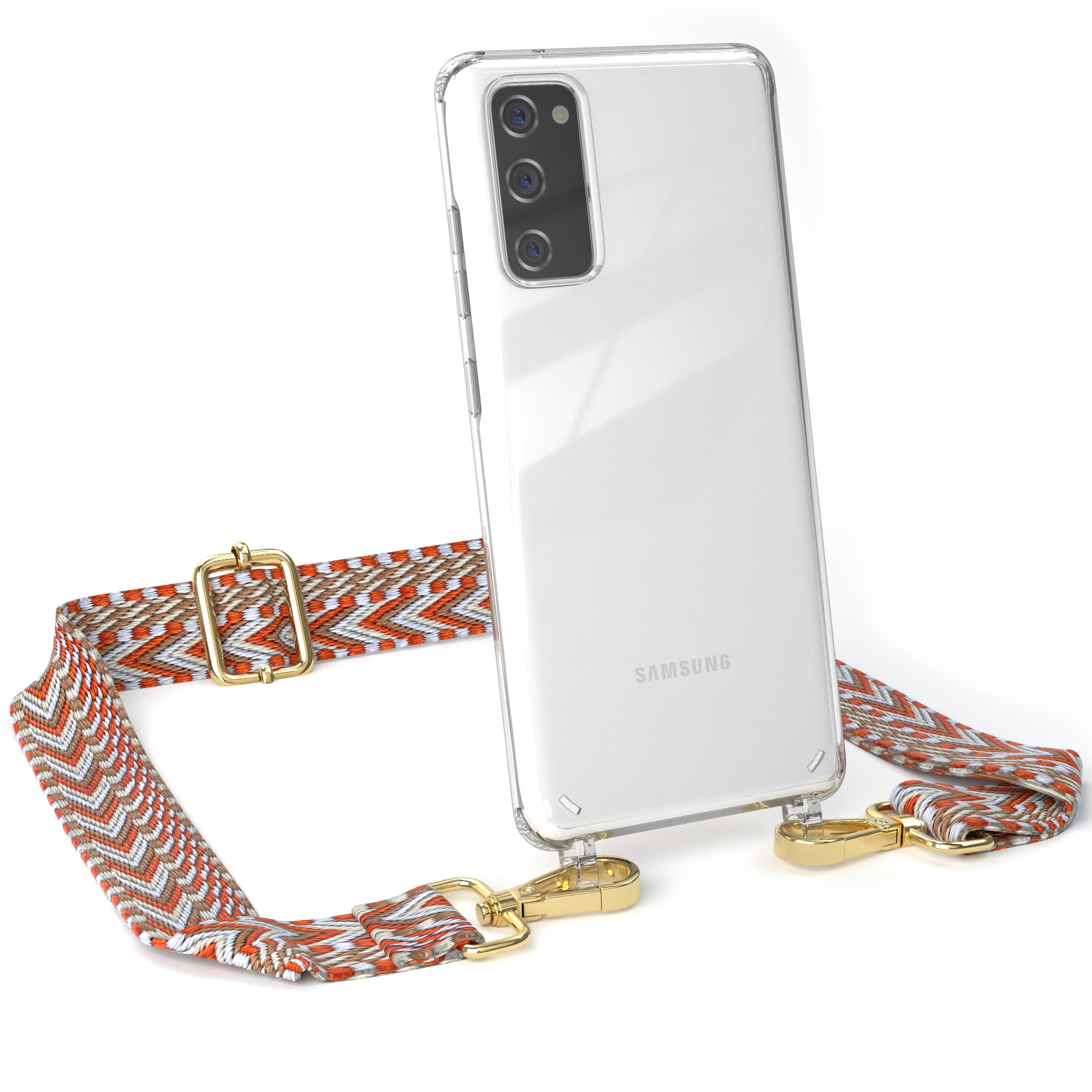 Transparente Handyhülle mit gemustertem Riemen. Telefon hat Samsung-Logo, Riemen hat orange und weiße Zickzackmuster, beide mit goldenen Verschlüssen.