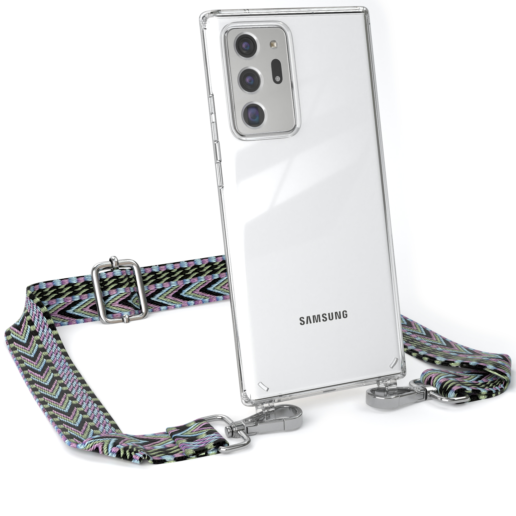 Klares Samsung-Telefon mit Riemen. Der Riemen ist pink, blau und grün. Silberne Hardware.