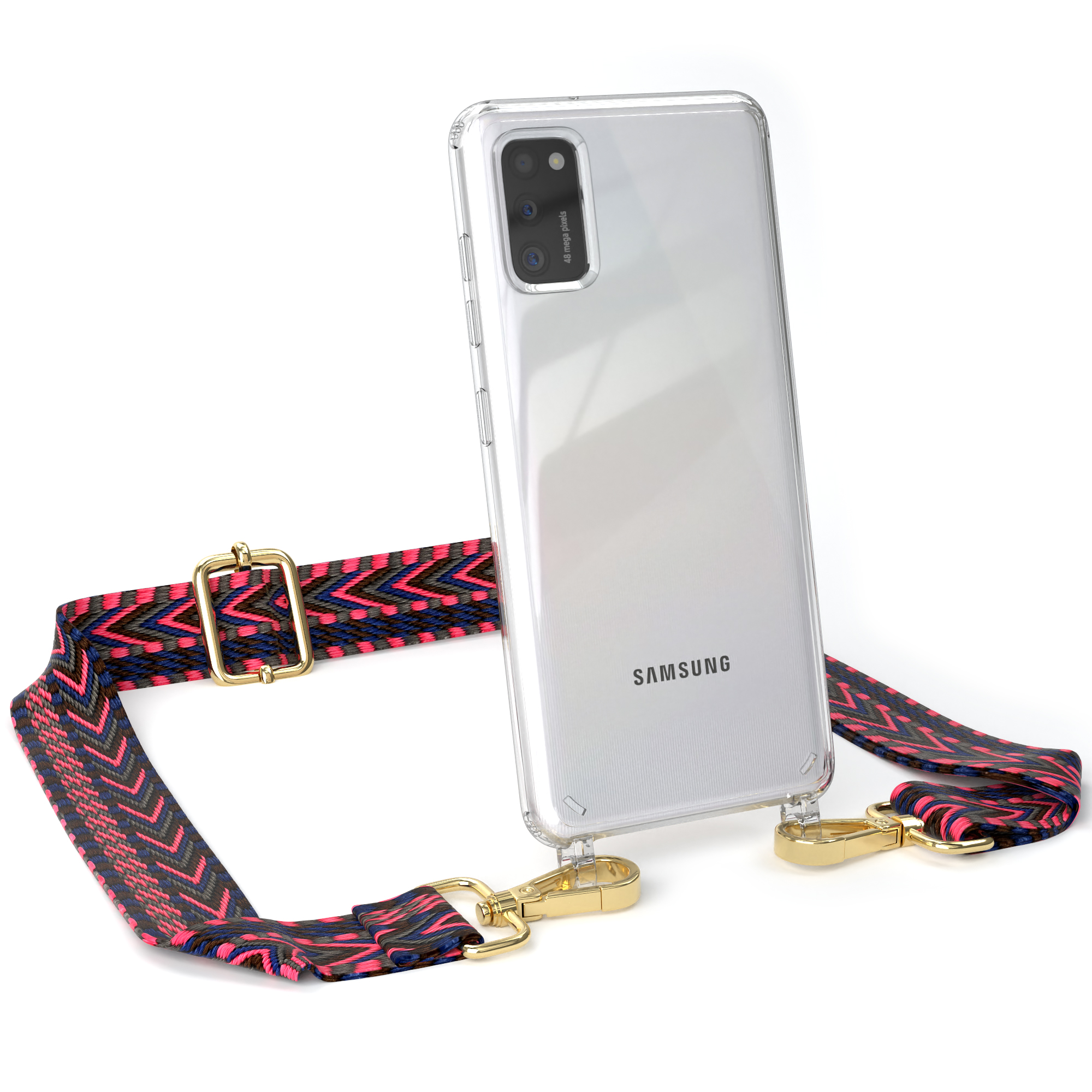 Handyhülle Samsung, Blau Umhängetasche, Transparente Galaxy A41, Boho Style, mit Kordel Pink / CASE EAZY