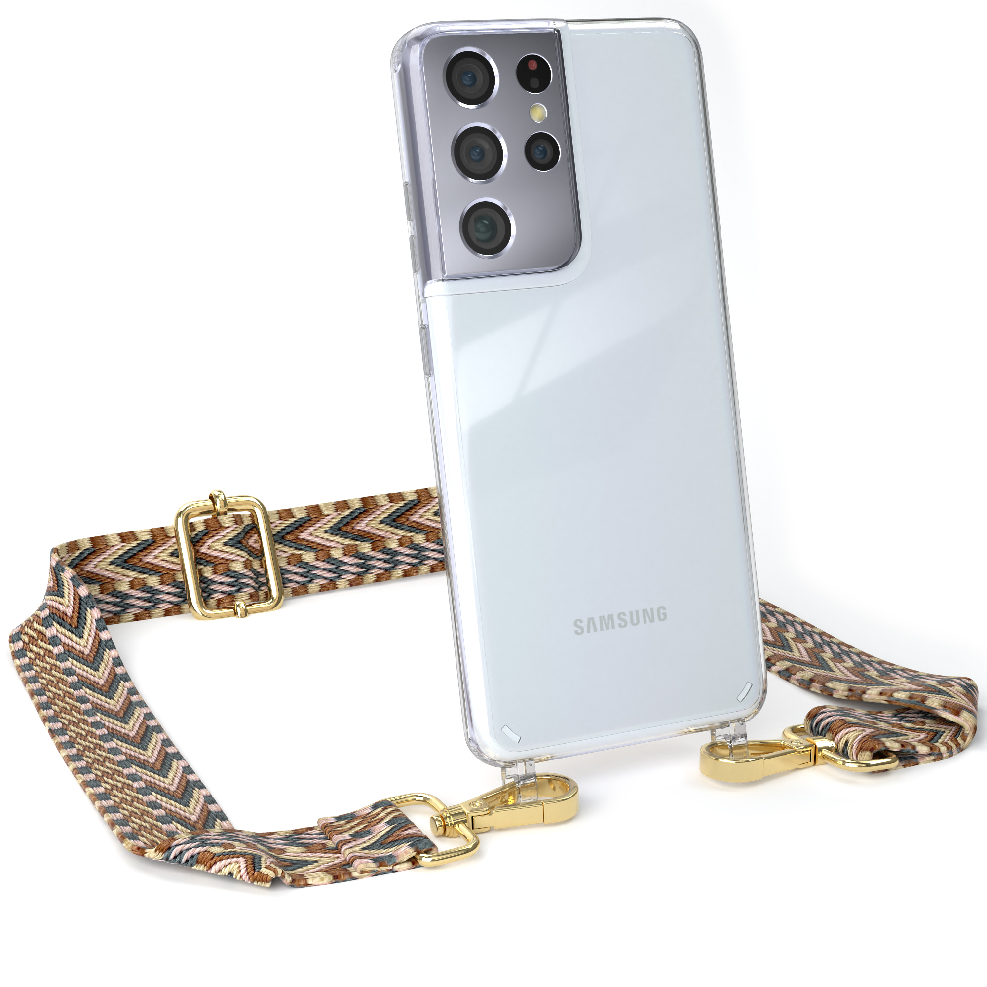 EAZY CASE Transparente Handyhülle Umhängetasche, Kordel Boho S21 Braun Ultra Mix Samsung, 5G, Galaxy mit Style