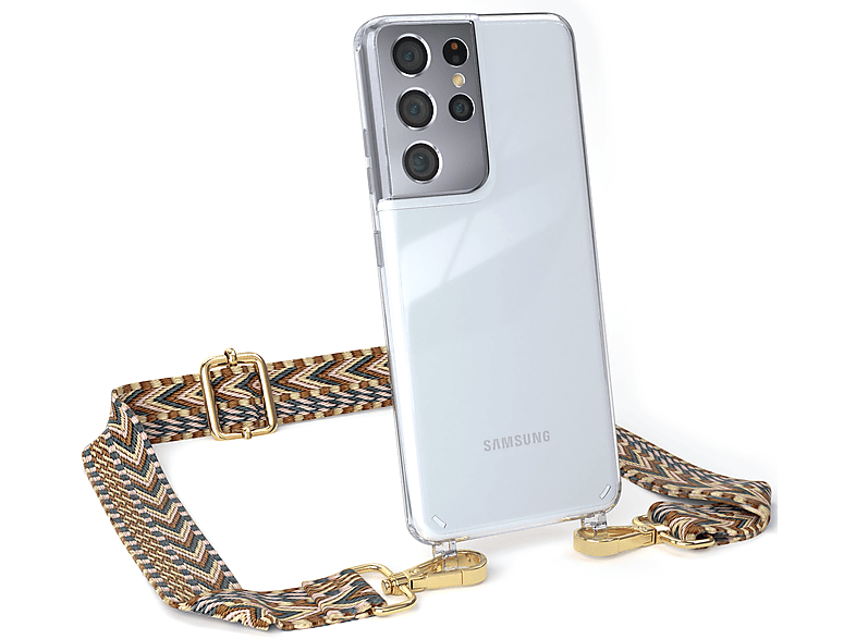 EAZY CASE Transparente Handyhülle mit Kordel Boho Style, Umhängetasche, Samsung, Galaxy S21 Ultra 5G, Braun Mix