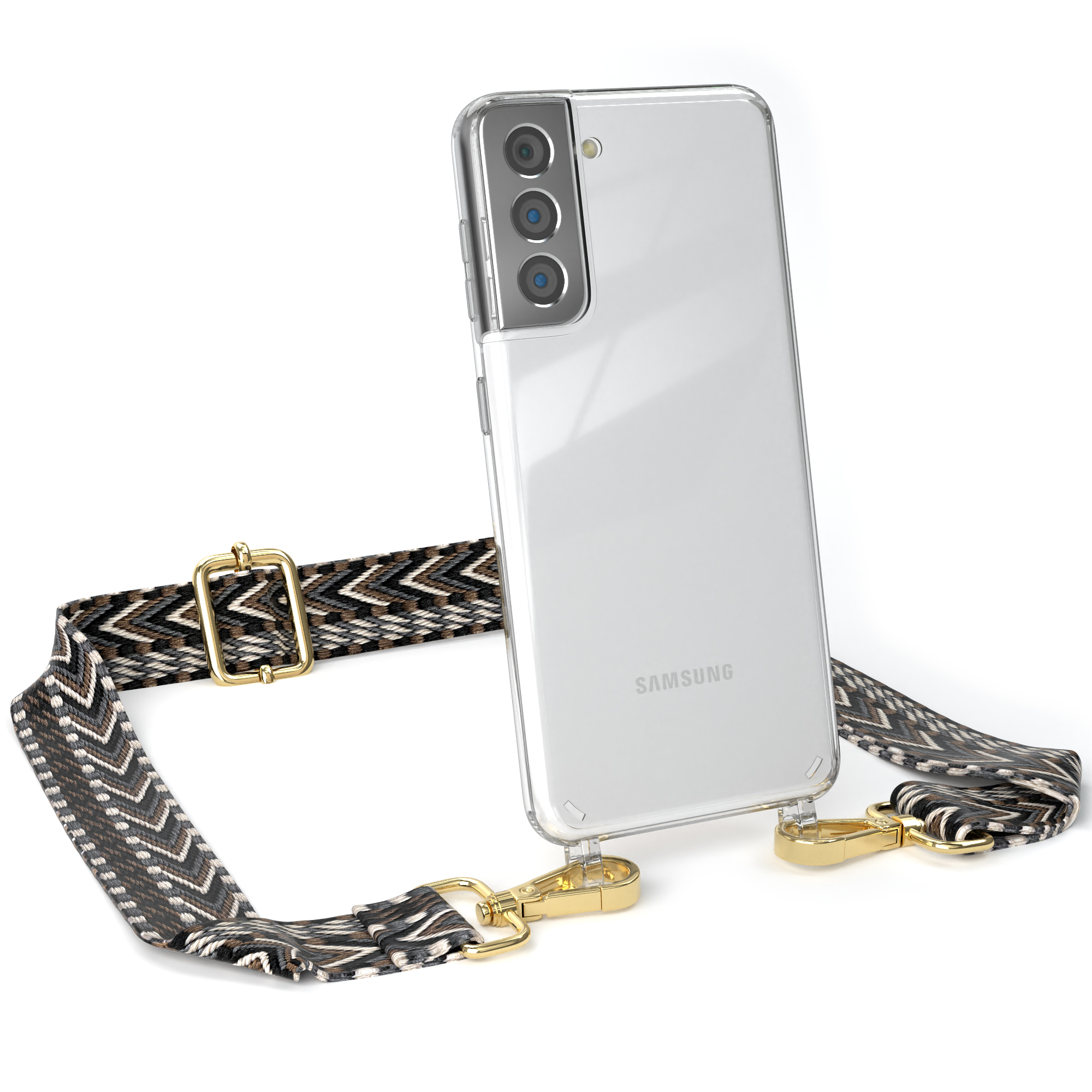 Transparente Handyhülle mit Riemen. Samsung-Telefon ist vertikal. Weißer Hintergrund.