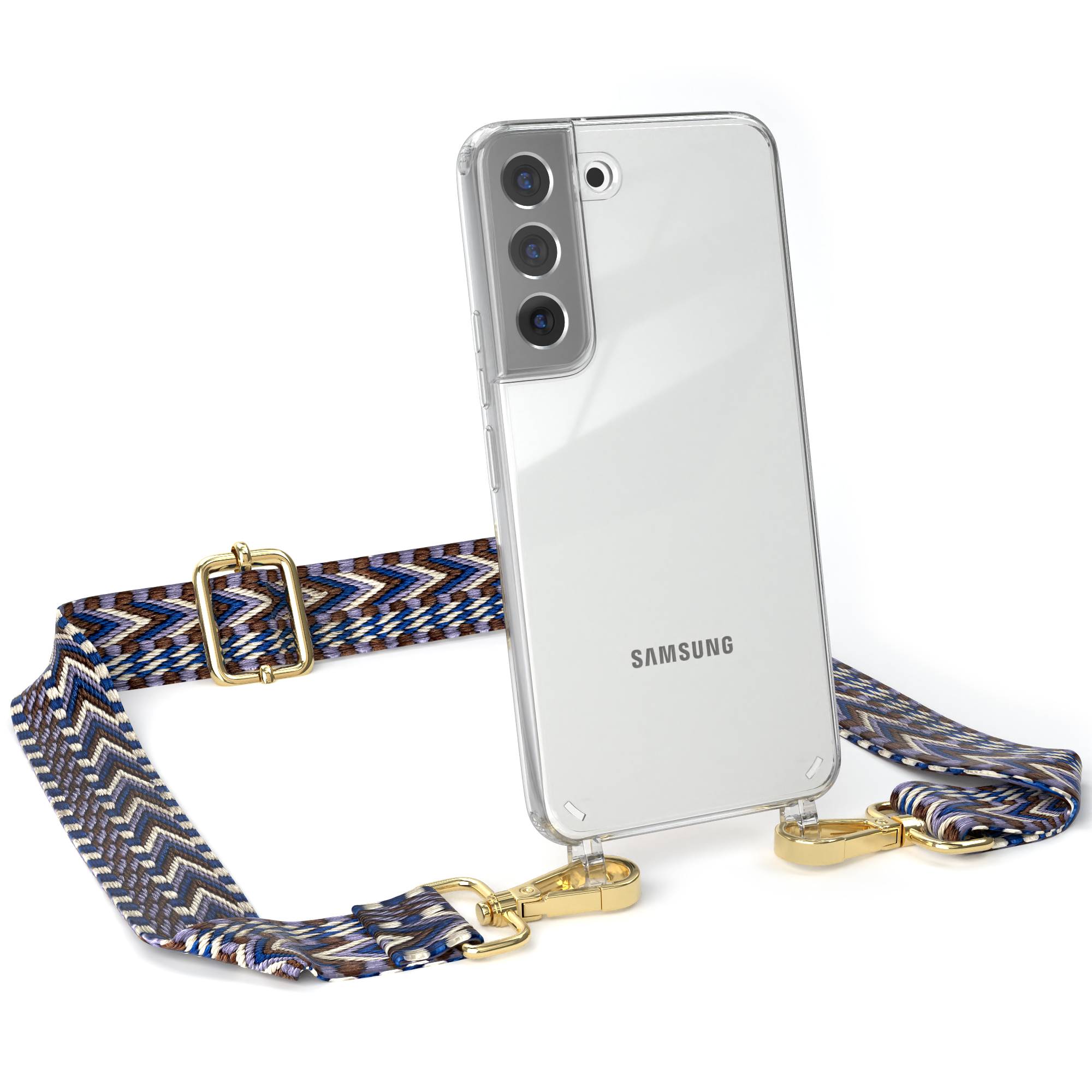 EAZY CASE Kordel S22 Umhängetasche, Handyhülle Samsung, Transparente Galaxy Boho Style, mit Weiß 5G, Blau 