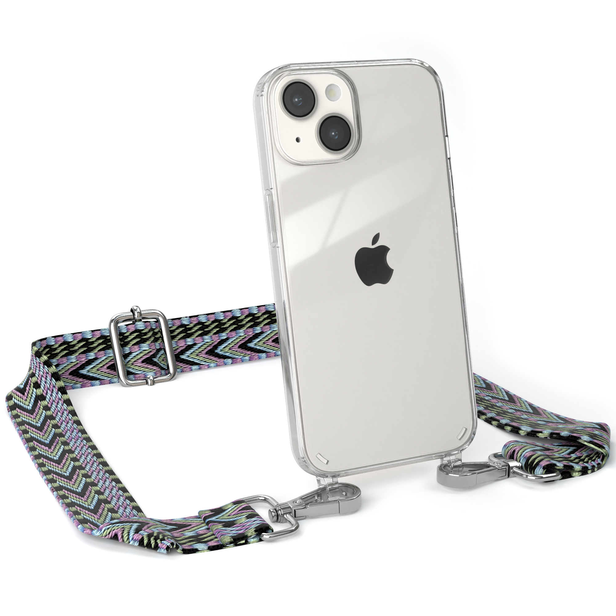 EAZY CASE Violett / Grün Transparente Style, 14, Apple, Kordel mit Handyhülle Boho Umhängetasche, iPhone