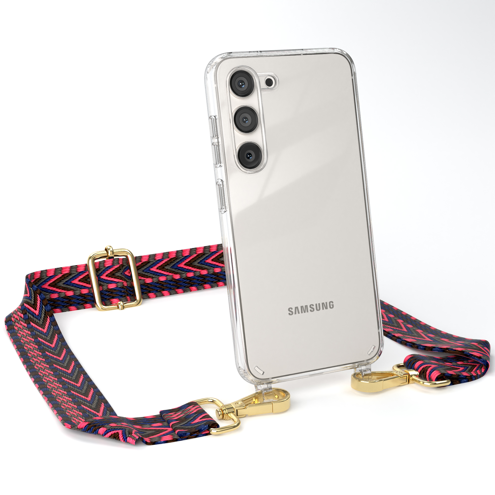 EAZY Transparente Umhängetasche, Galaxy Kordel Boho Style, Handyhülle Pink Blau Samsung, / mit CASE S23,