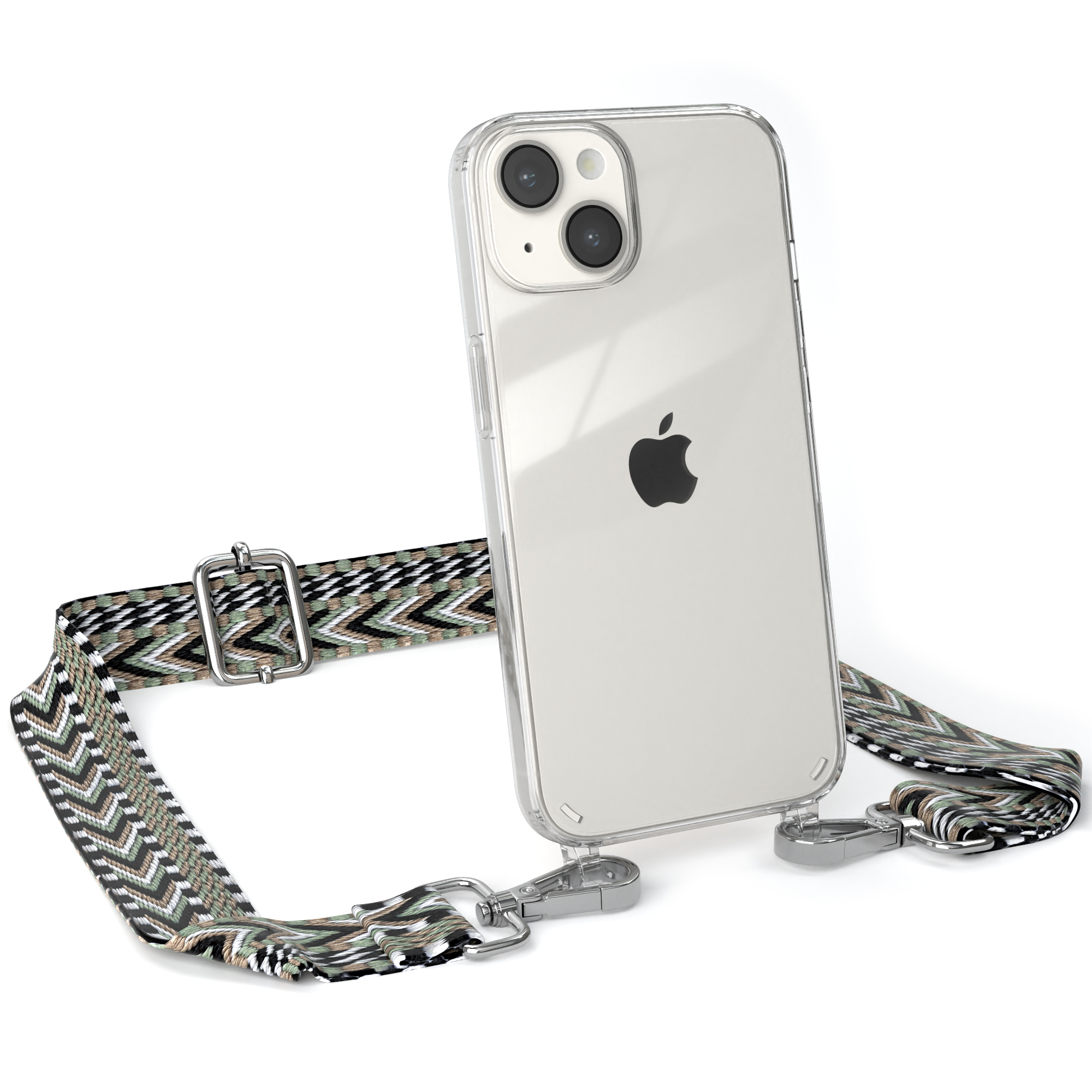Transparente Handyhülle mit gemustertem Riemen, silbernen Verschlüssen. Apple-Logo auf dem Telefon.