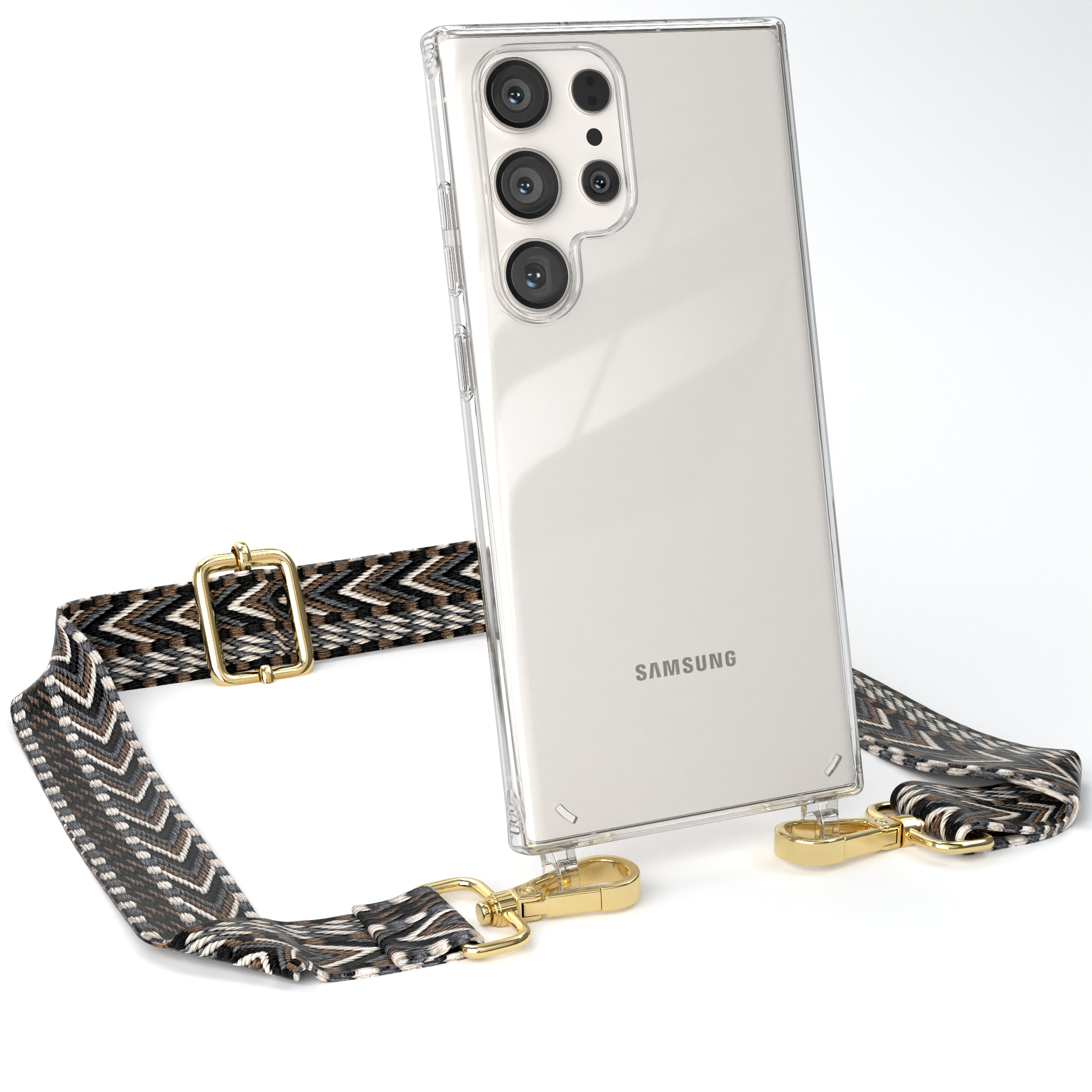 Transparente Handyhülle mit Riemen. Schwarz-beiger Zickzack-Riemen. Goldene Verschlüsse. Samsung-Telefon.