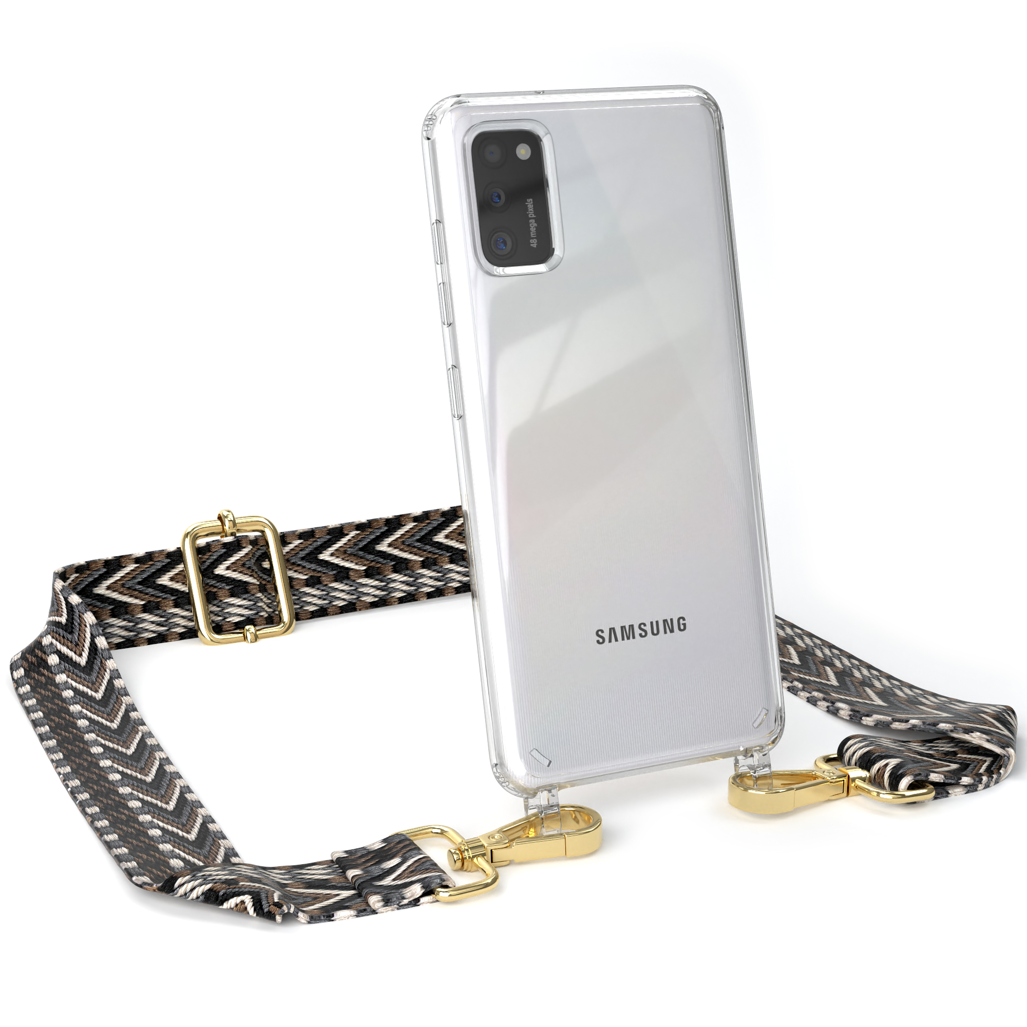 EAZY CASE Transparente Samsung, A41, Kordel Style, Handyhülle Boho Galaxy Schwarz Grau / Umhängetasche, mit