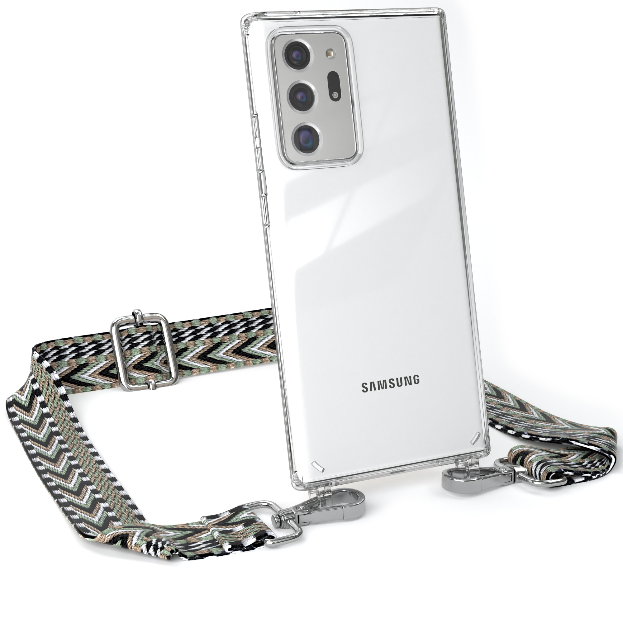 Transparente Handyhülle mit Band. Grün, schwarzes und weißes Musterband. Samsung-Telefon sichtbar.