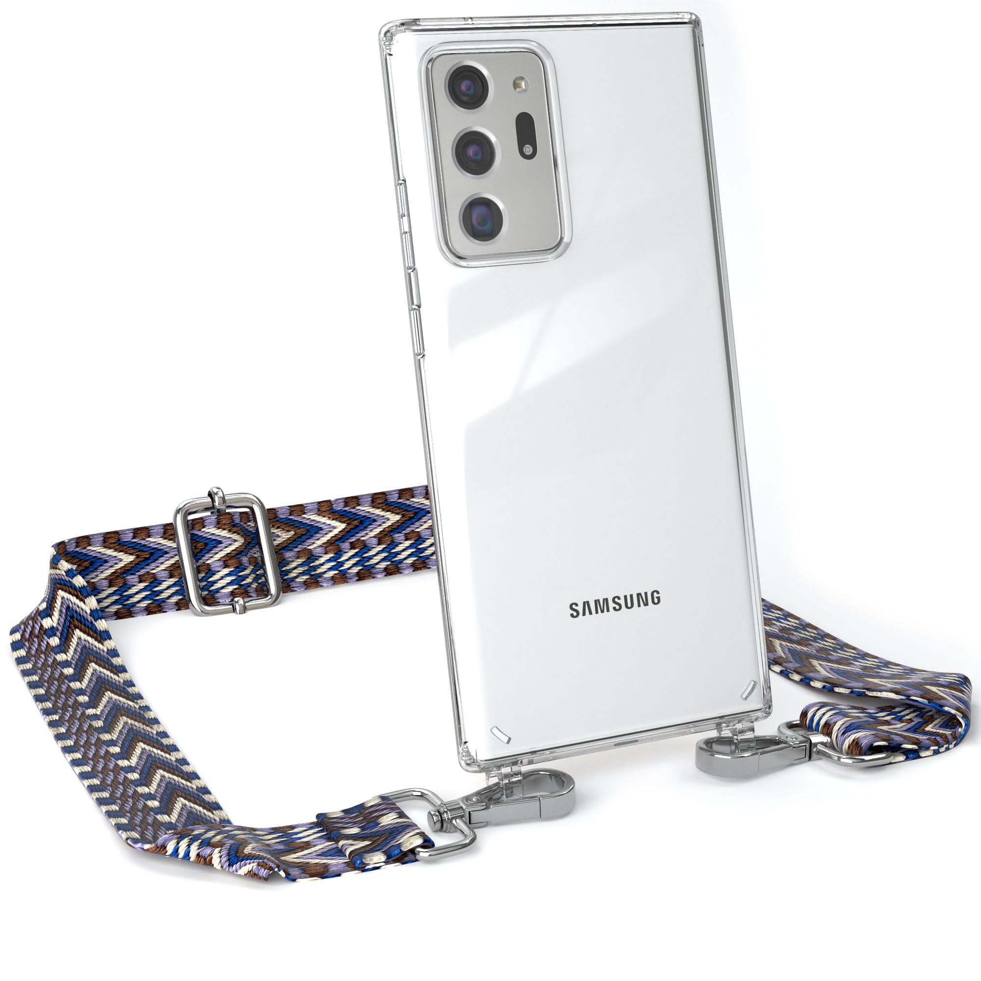 Transparente Handyhülle mit Riemen. Samsung-Logo ist sichtbar.