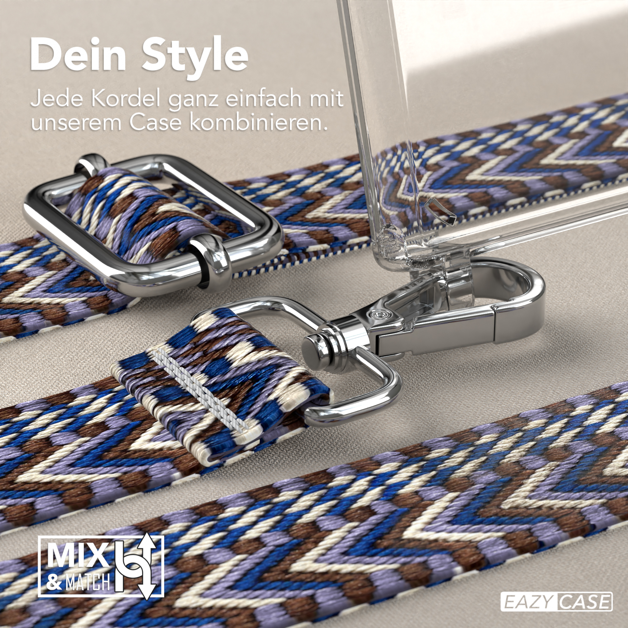 Nahaufnahme einer Handyhülle und eines Bandes mit blauem und violettem Muster. Text: 'Mix & Match'.