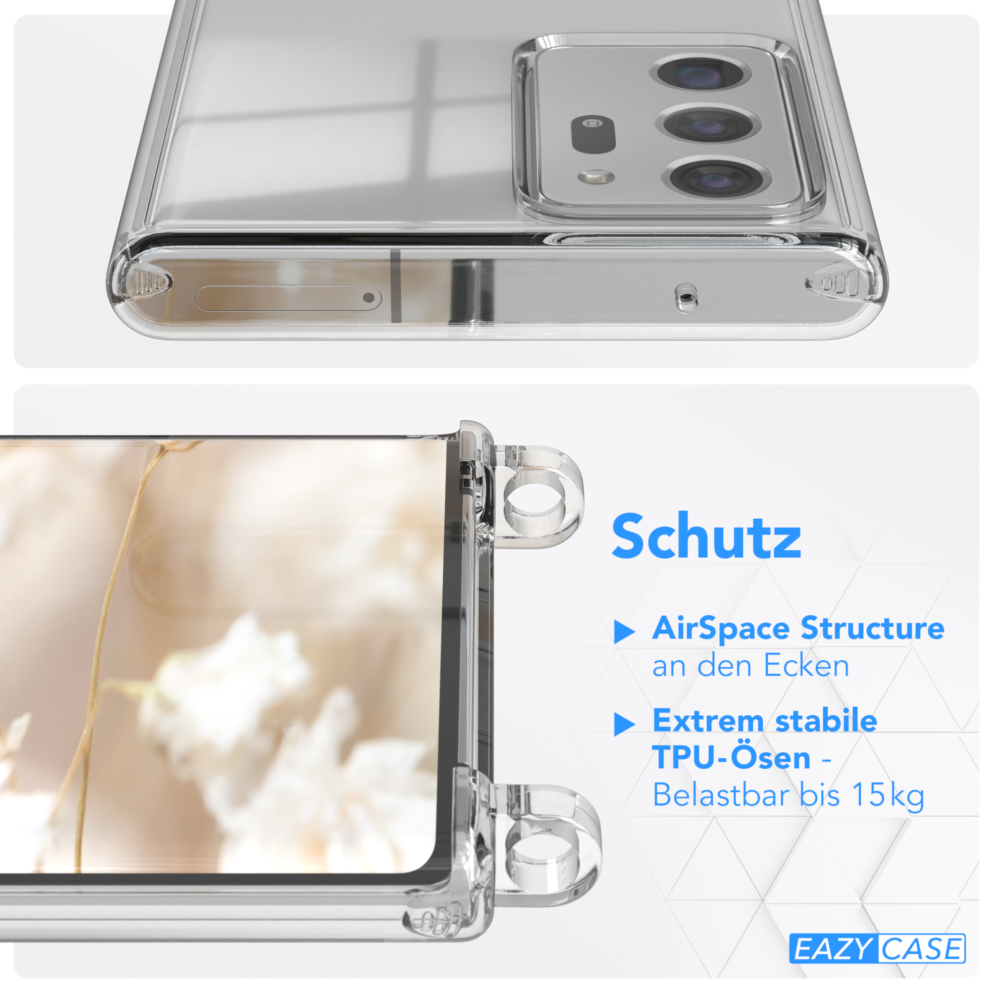 EAZY CASE Transparente Handyhülle Samsung, 5G, Boho Umhängetasche, Galaxy / Weiß / Ultra Ultra Note Style, Note mit Kordel 20 Blau 20