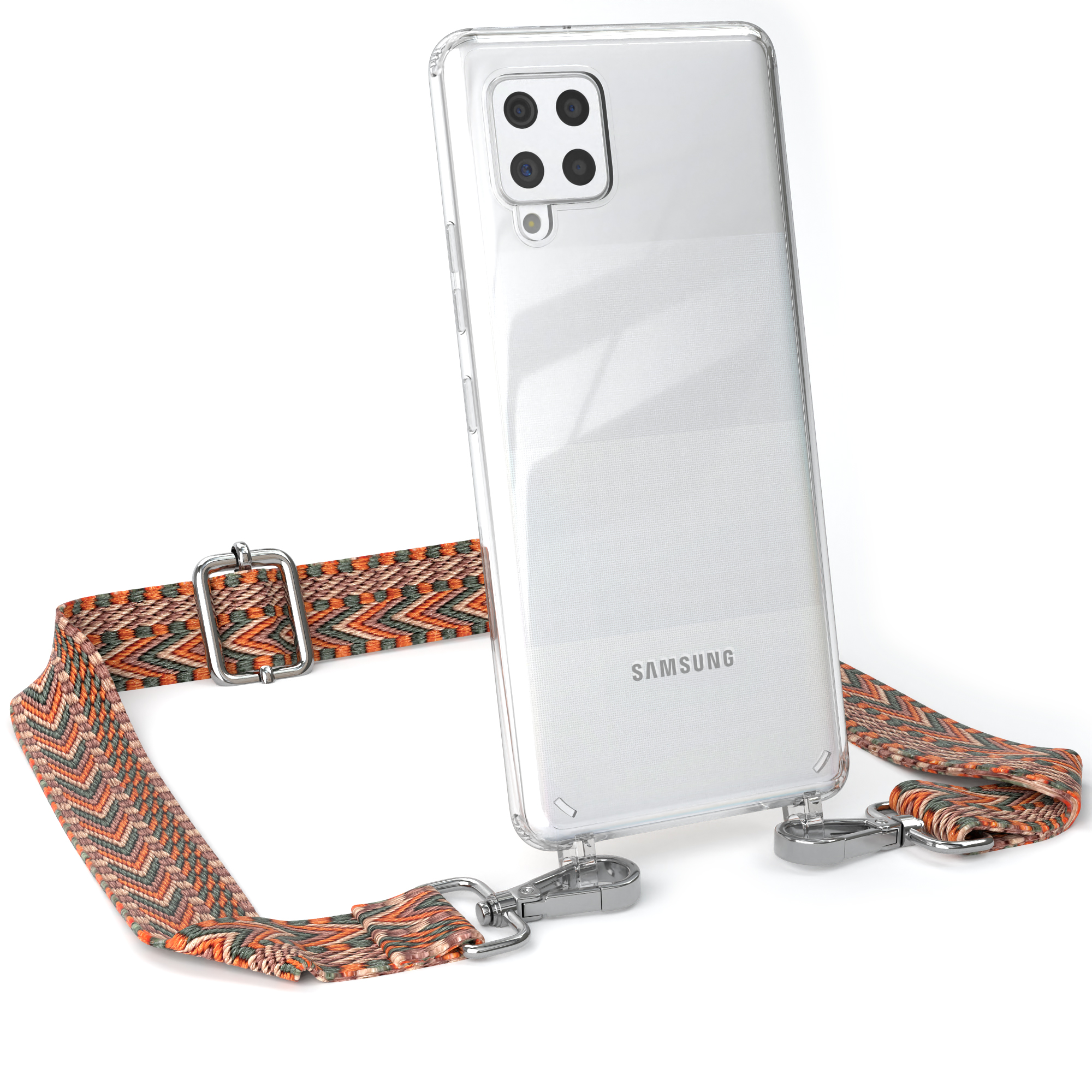 Transparente Handyhülle mit gemustertem Riemen. Das Telefon ist transparent, mit Samsung-Logo.