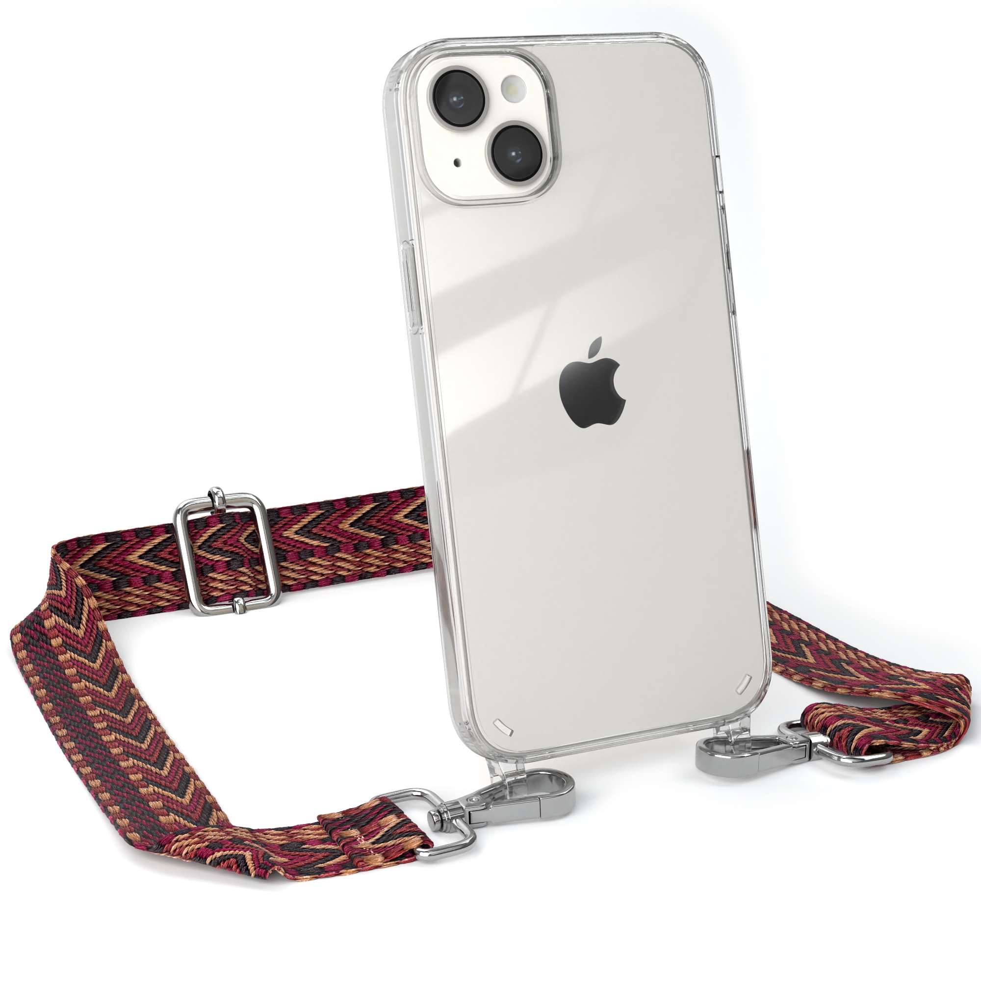 Transparente Handyhülle mit Riemen, Telefon sichtbar. Riemen ist rot, schwarz und gold.