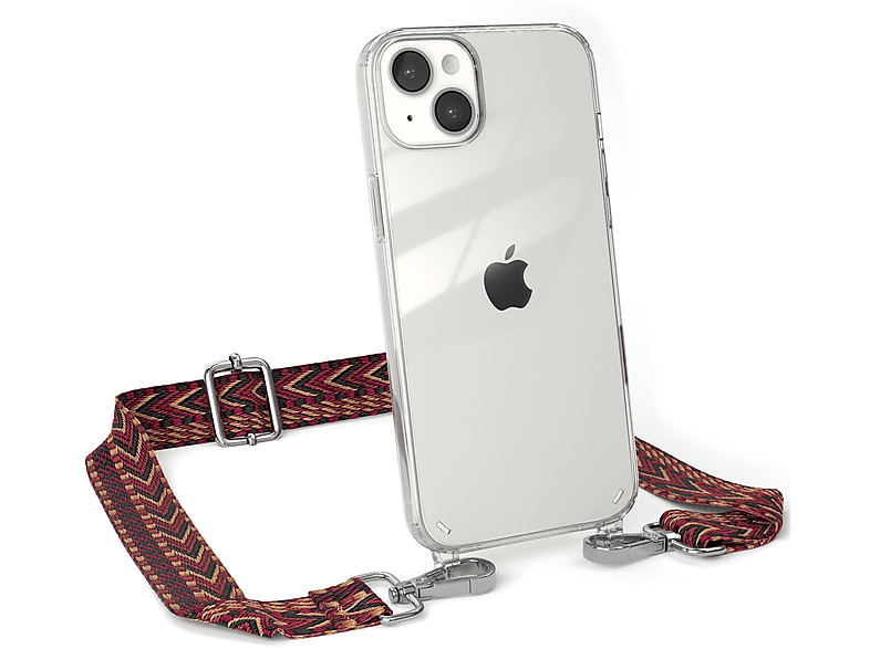 EAZY CASE Transparente Handyhülle mit Kordel Boho Style, Umhängetasche, Apple, iPhone 14 Plus, Rot / Braun