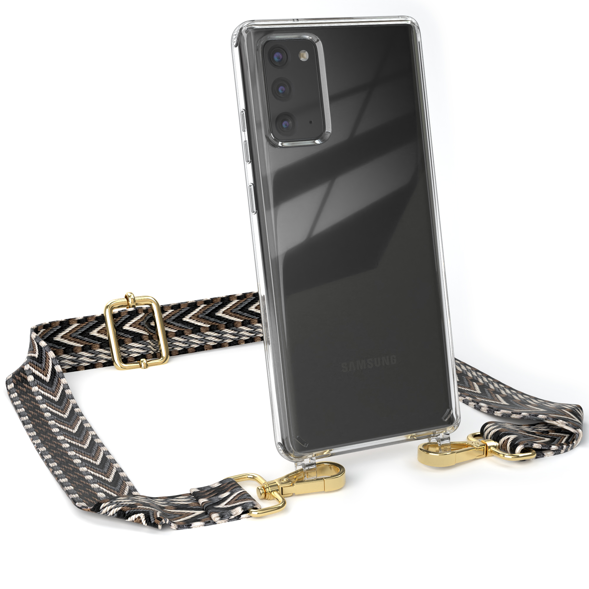 EAZY CASE Transparente Handyhülle mit Kordel Samsung, Umhängetasche, Galaxy 5G, Note Schwarz Boho Style, 20 Grau Note 20 / 