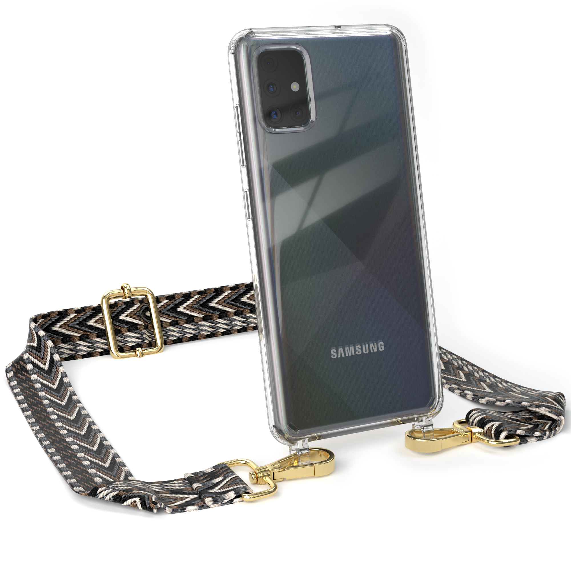Klares Samsung-Telefon mit Riemen. Der Riemen ist schwarz, weiß und grau. Telefon mit goldener Schnalle.