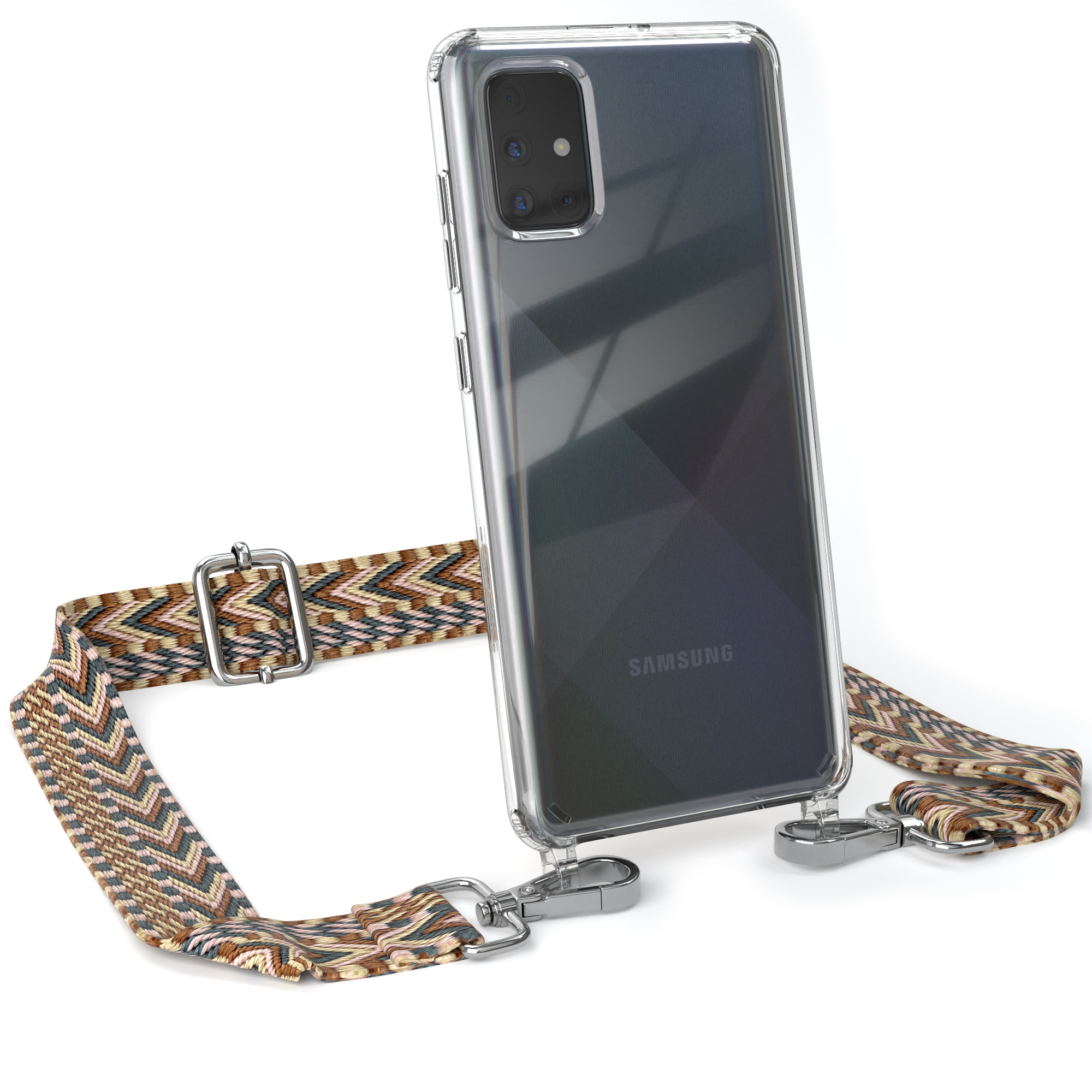 EAZY CASE Transparente Handyhülle Mix Umhängetasche, A71, Galaxy Kordel Style, mit Samsung, Braun Boho