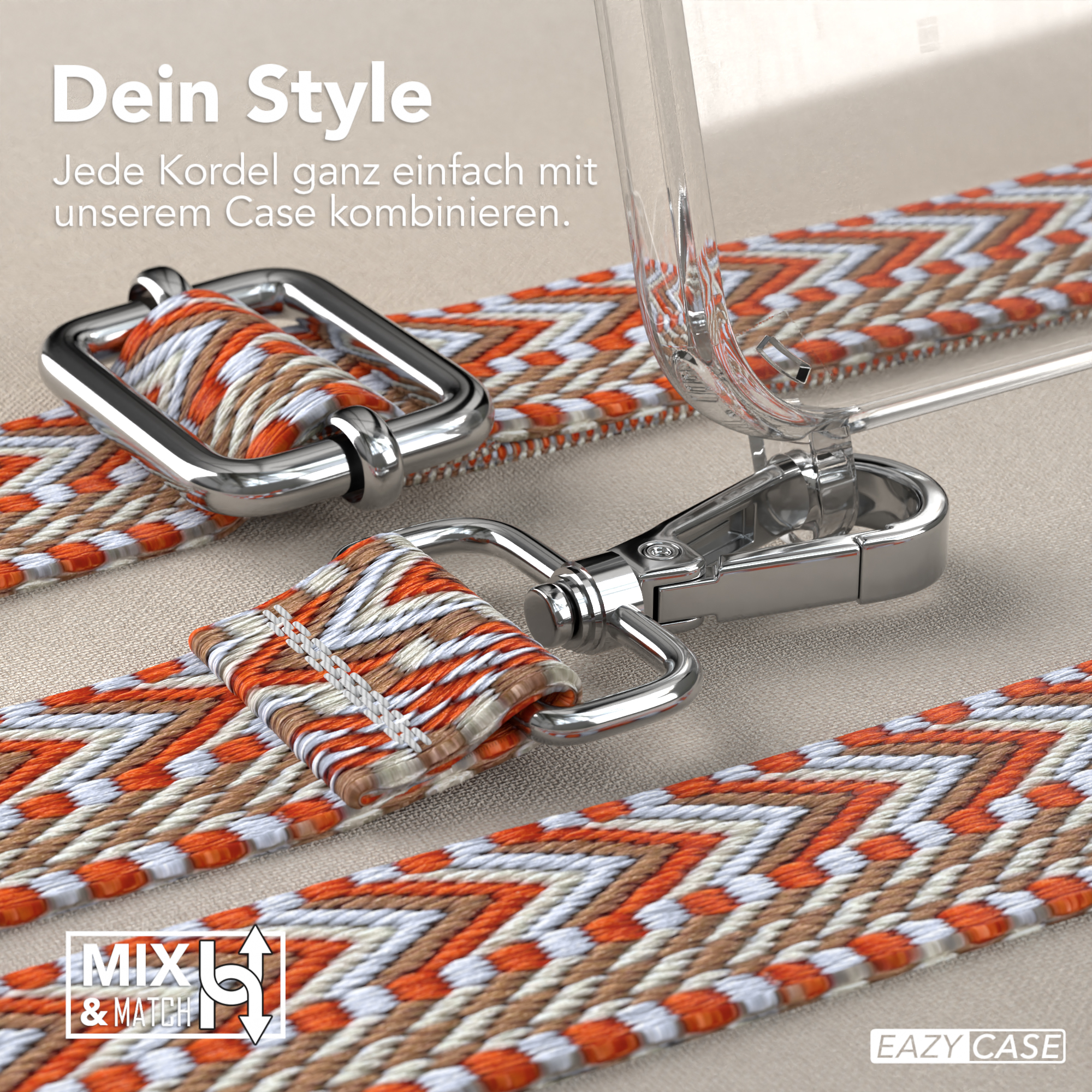 Handyband mit orange-weißem Muster. Text: Dein Style, Mix & Match.