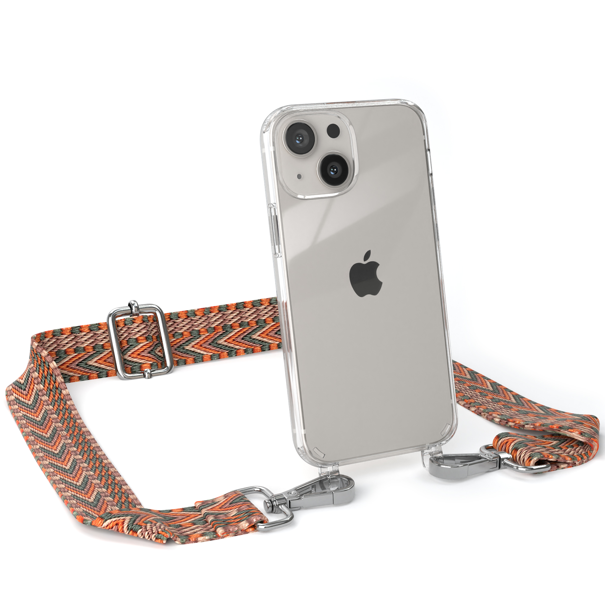 13 mit Apple, / iPhone Grün EAZY Mini, Transparente Handyhülle Orange Kordel Boho Style, CASE Umhängetasche,