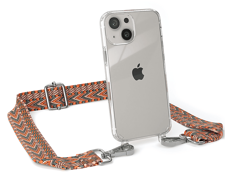 EAZY CASE Transparente Handyhülle mit Kordel Boho Style, Umhängetasche, Apple, iPhone 13 Mini, Orange / Grün
