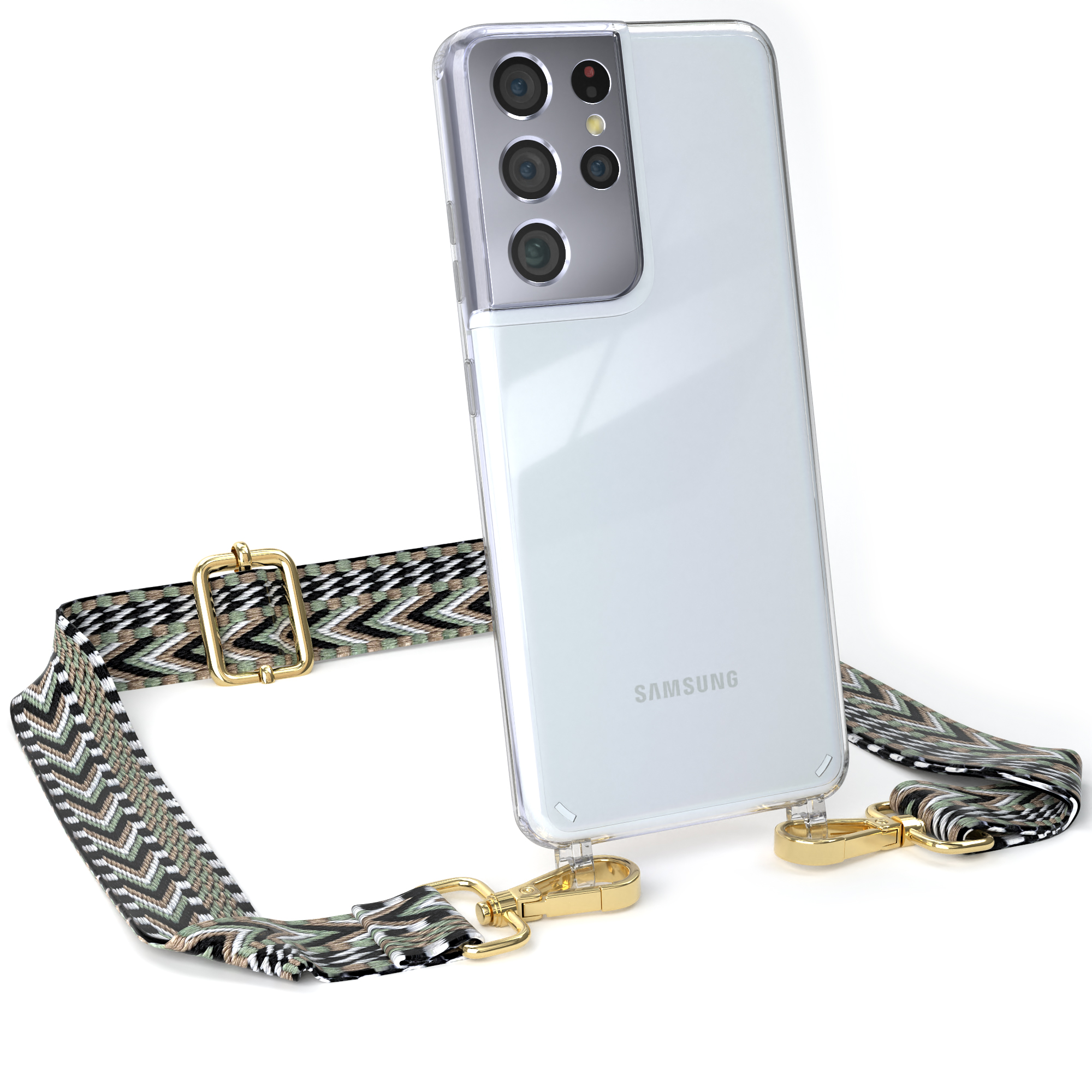 EAZY CASE Style, Samsung, Umhängetasche, Schwarz Galaxy S21 / Kordel Boho Ultra 5G, Transparente Handyhülle mit Grün