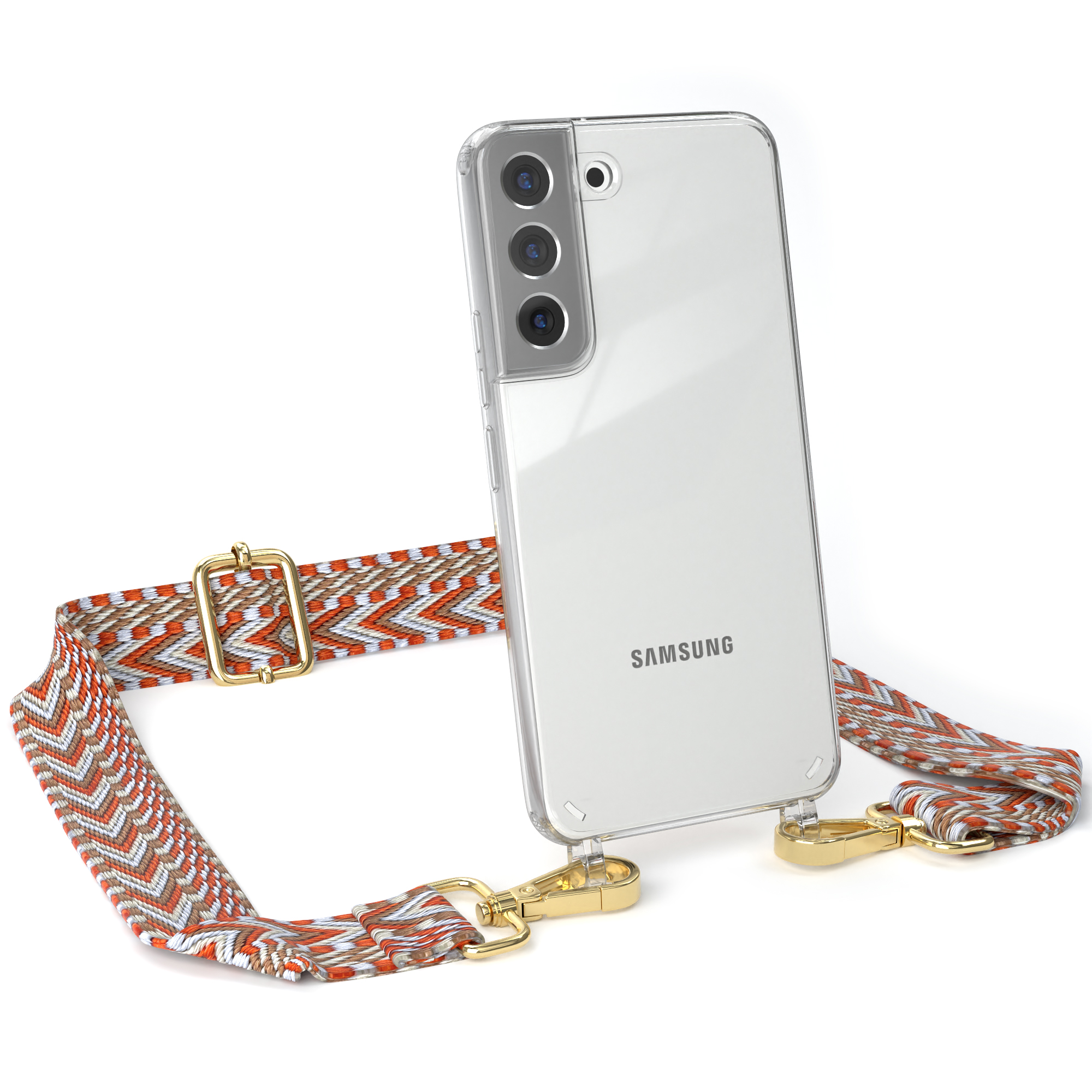 Transparente Handyhülle mit rot-weißem Band auf weißem Hintergrund. Das Telefon hat das Samsung-Logo.