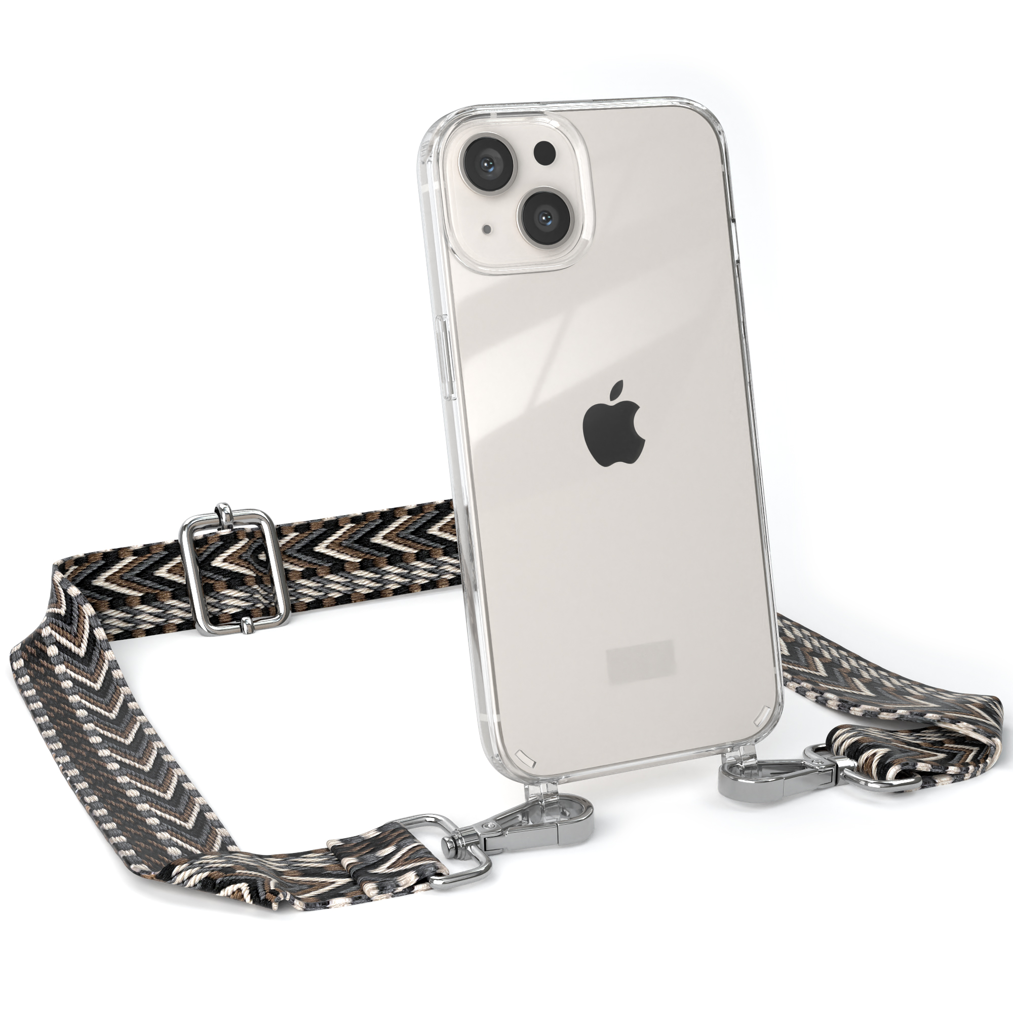 EAZY CASE Transparente Handyhülle mit / Kordel Boho Grau Umhängetasche, Style, Apple, iPhone Schwarz 13