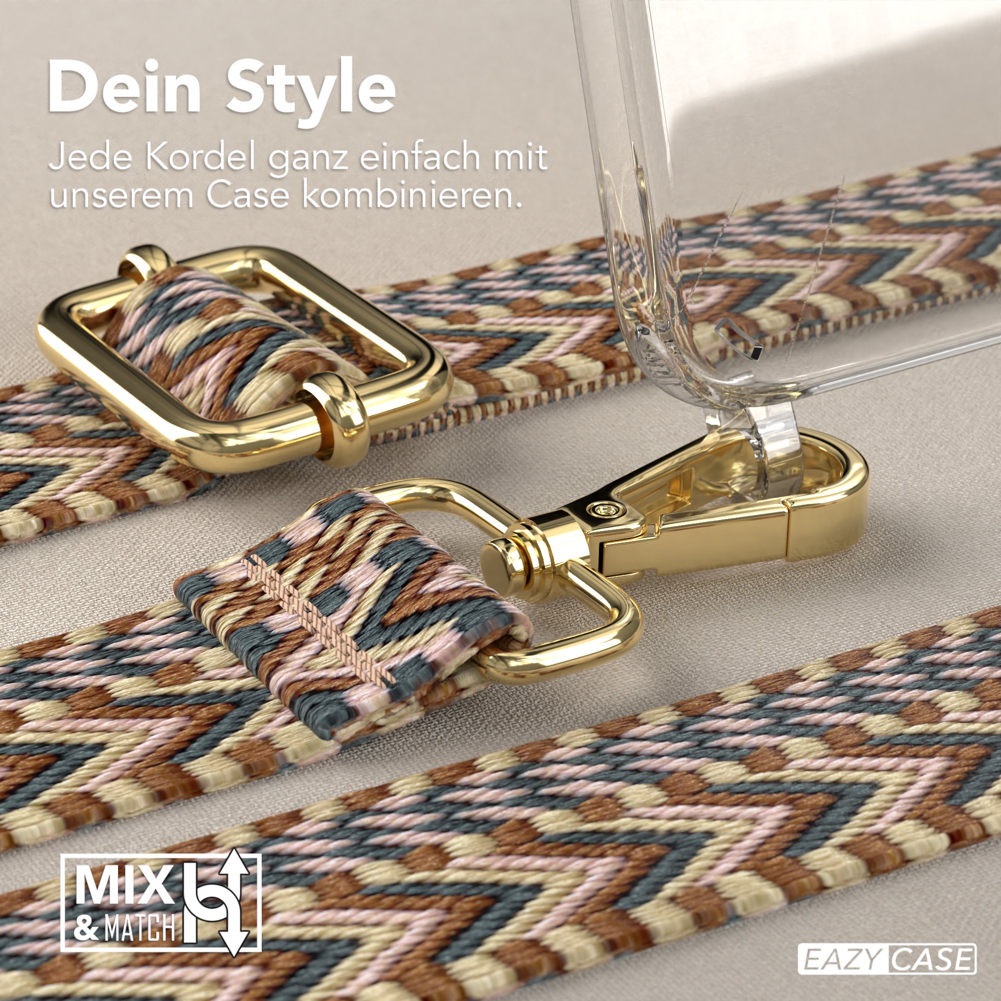 Nahaufnahme eines Handyhüllenriemens mit braunen, blauen und weißen Zickzackmustern und einem goldenen Verschluss.