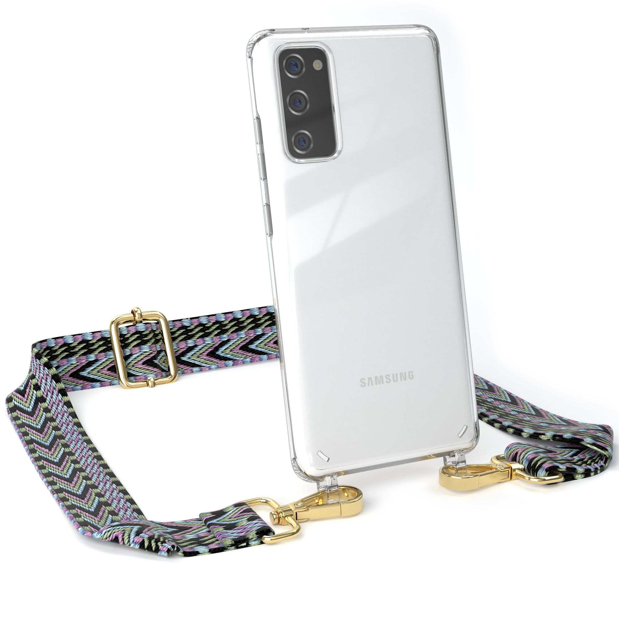 EAZY CASE Transparente Handyhülle mit Samsung, Galaxy S20, Boho Grün Kordel Violett / Umhängetasche, Style