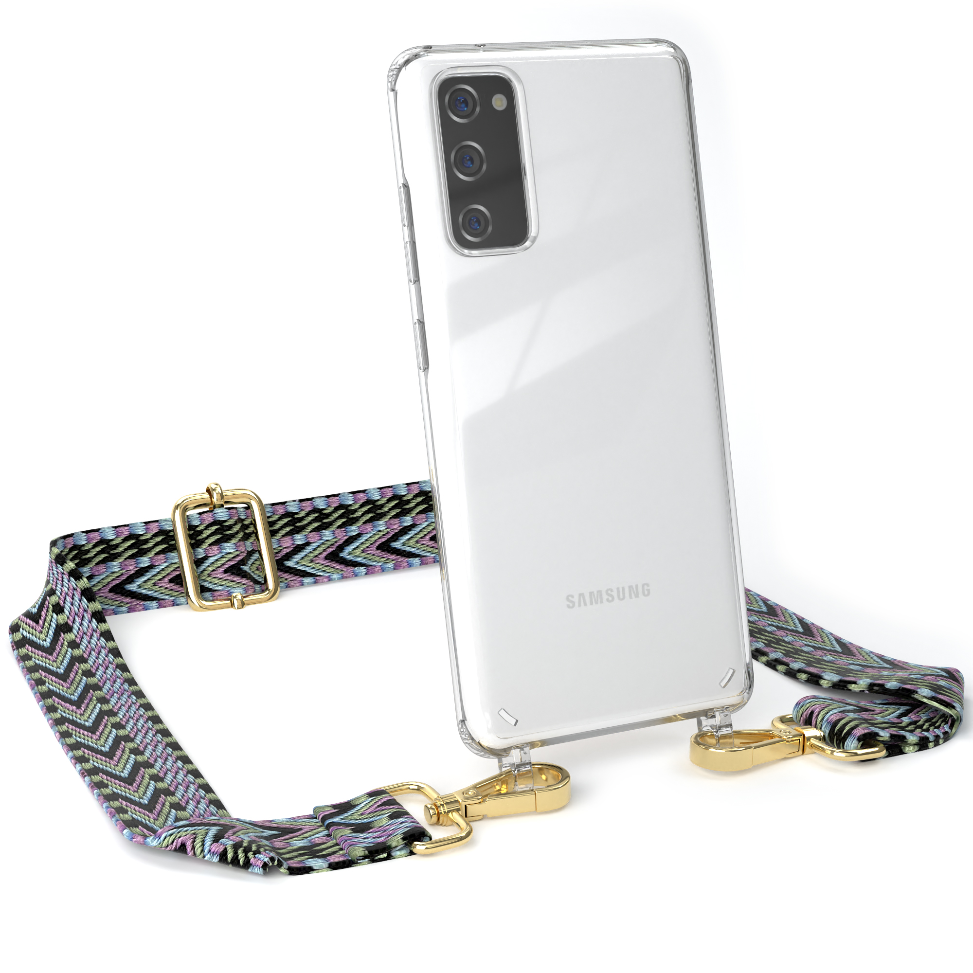 Transparente Handyhülle mit Riemen, Samsung-Logo und mehrfarbigem Riemen mit Gold.