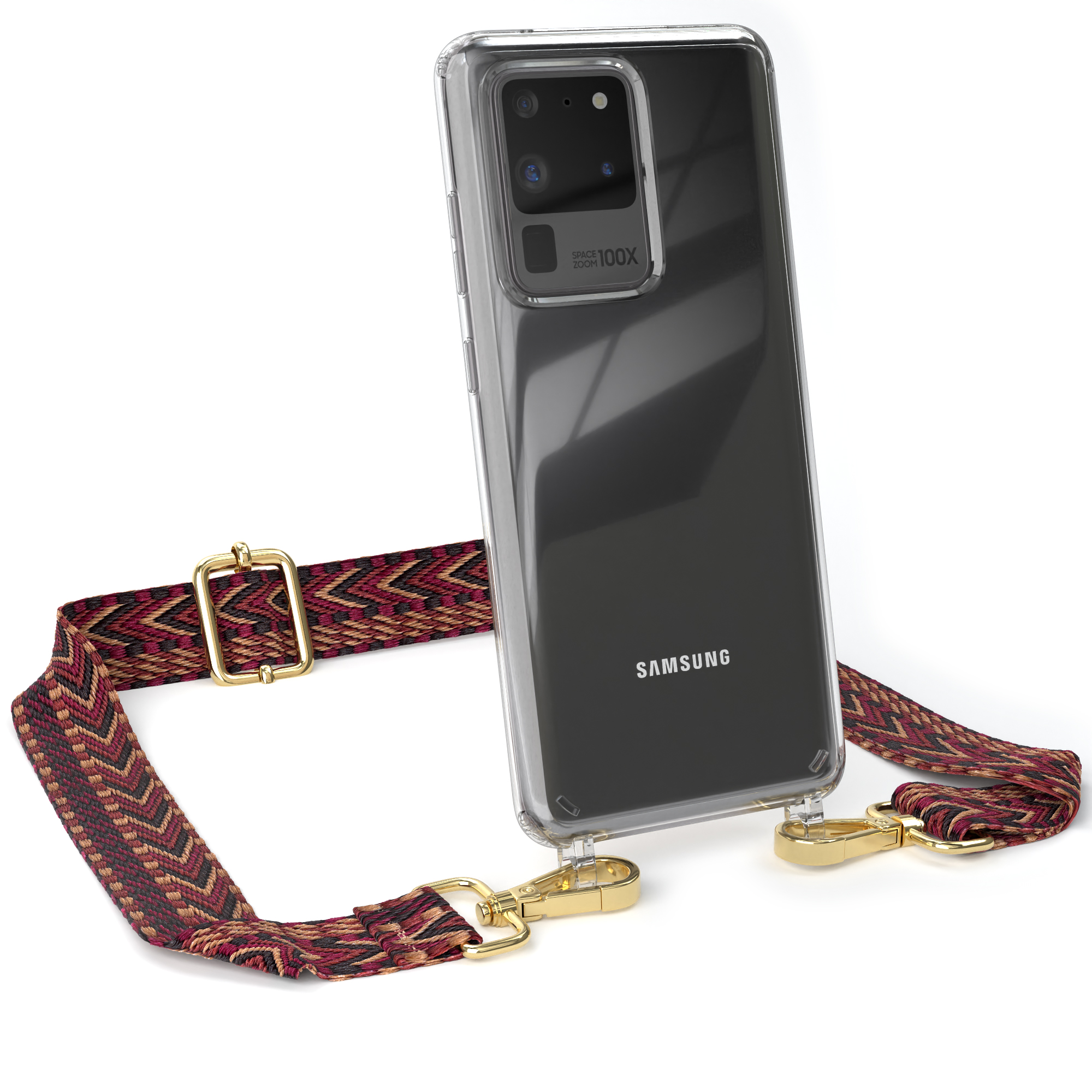 Transparente Handyhülle mit Riemen. Ein Samsung-Telefon befindet sich in der Hülle. Der Riemen hat rote, braune und goldene Zickzackmuster.