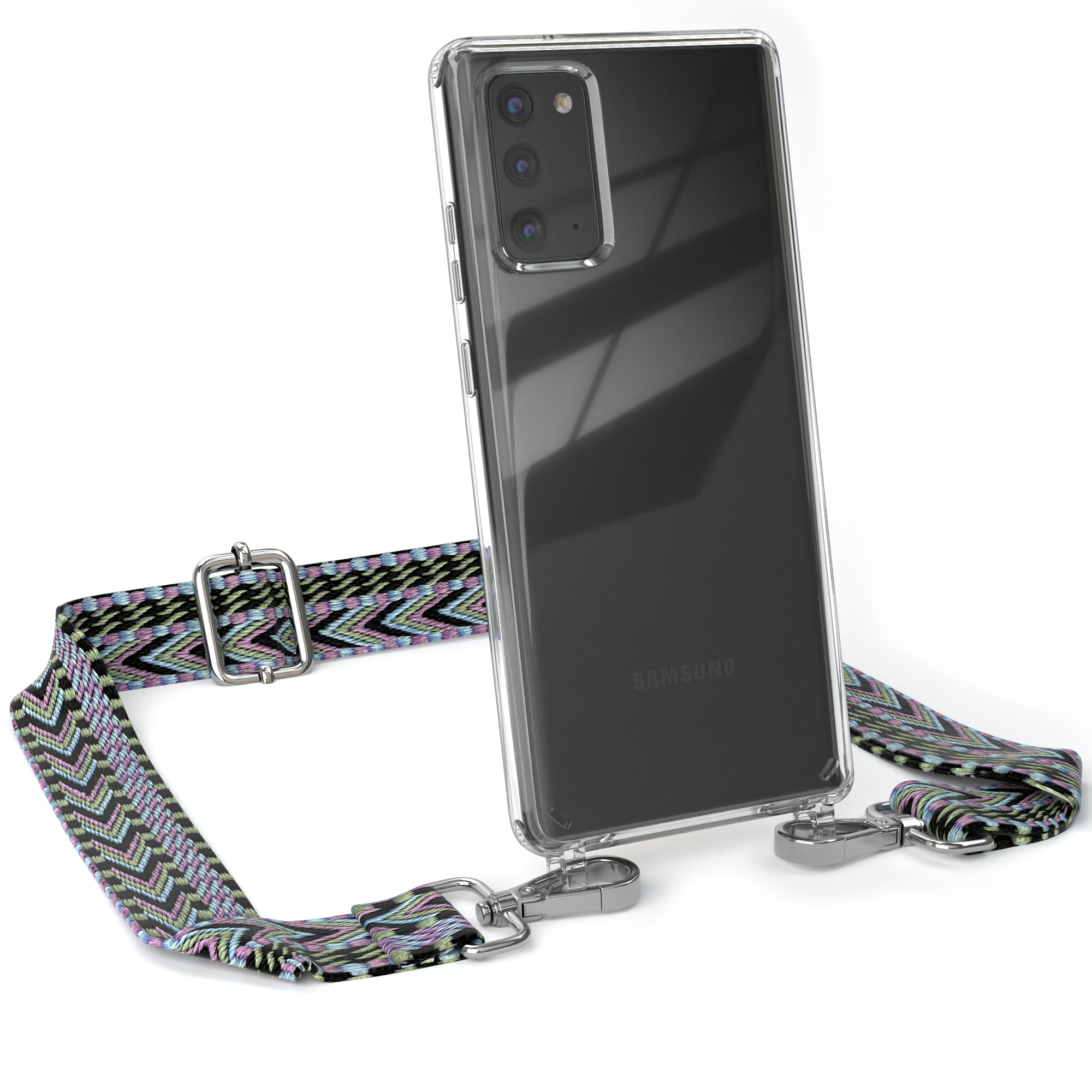 Transparente Handyhülle mit Trageband. Das Band hat ein schwarzes, lila und blaues Zickzackmuster. Weißer Hintergrund.