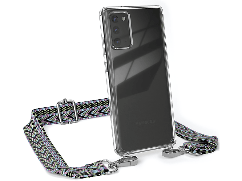 EAZY CASE Transparente Handyhülle mit Kordel Boho Style, Umhängetasche, Samsung, Galaxy Note 20 / Note 20 5G, Violett / Grün