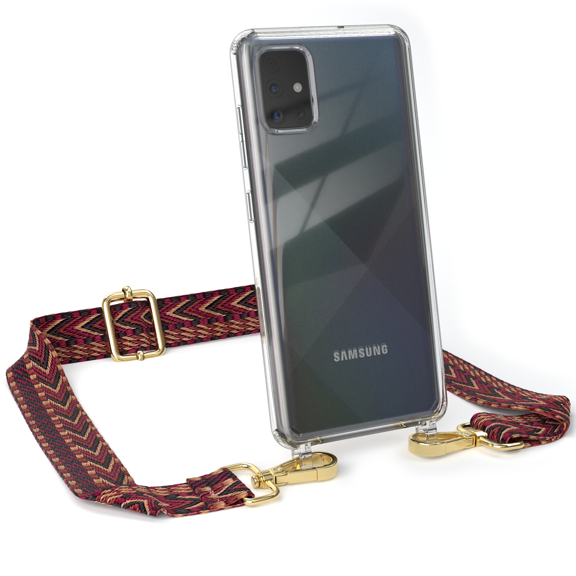 Transparente Handyhülle mit weinrotem Riemen. Samsung sichtbar. Weißer Hintergrund.