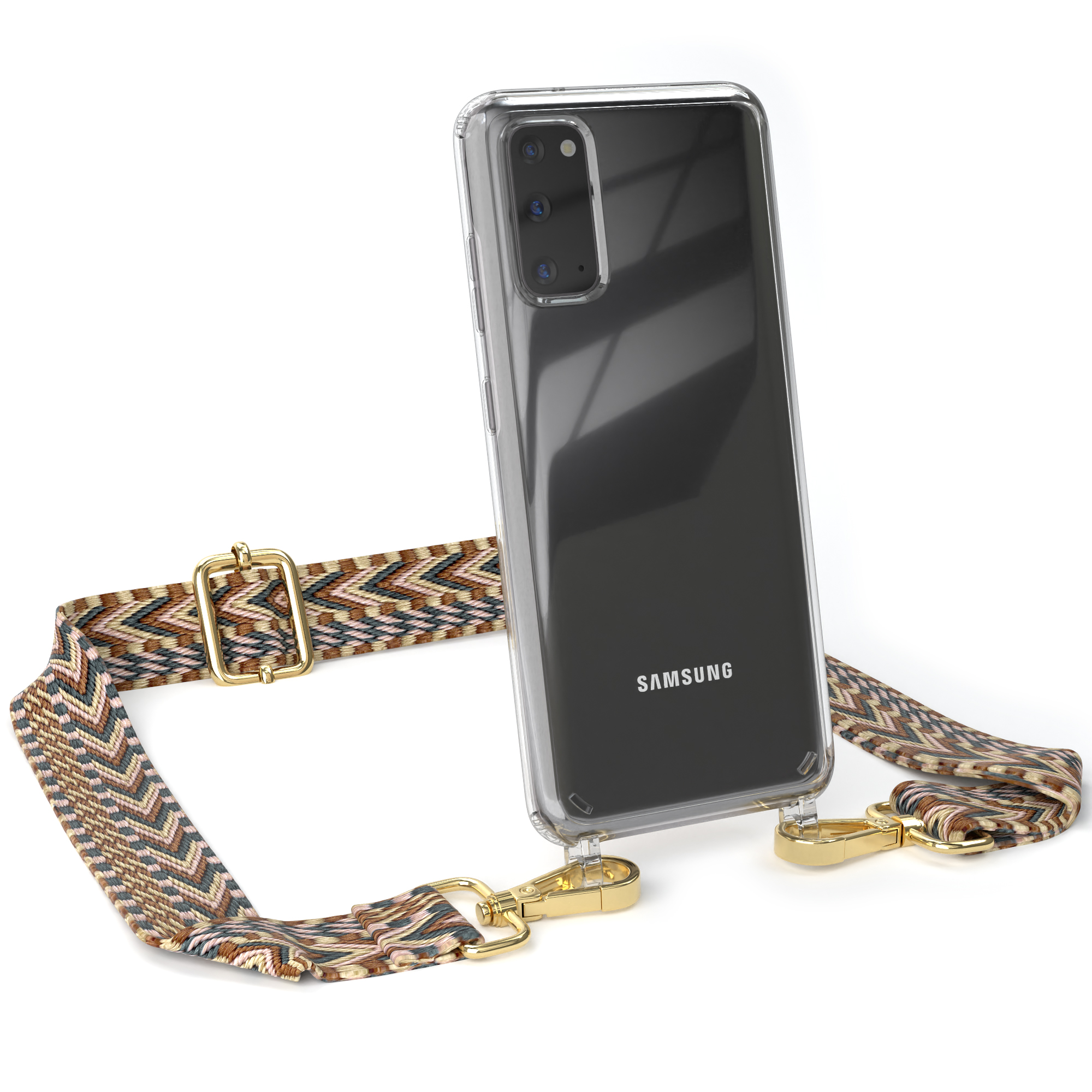 EAZY CASE Transparente Handyhülle mit Braun Umhängetasche, Boho Galaxy Mix Kordel Samsung, S20, Style