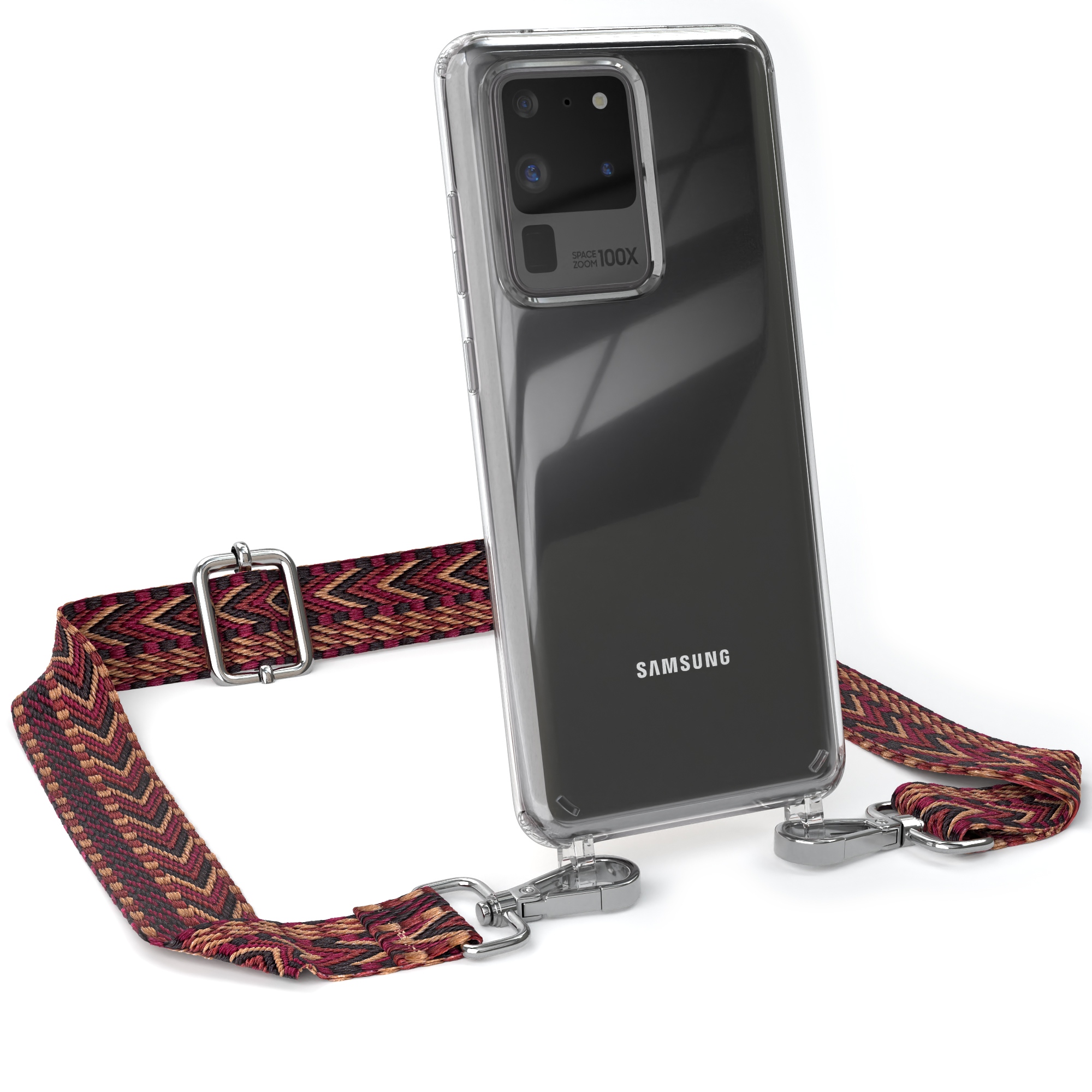 Klares Samsung-Handy mit Riemen. Der Riemen hat ein braunes, braunes und weißes geometrisches Design.
