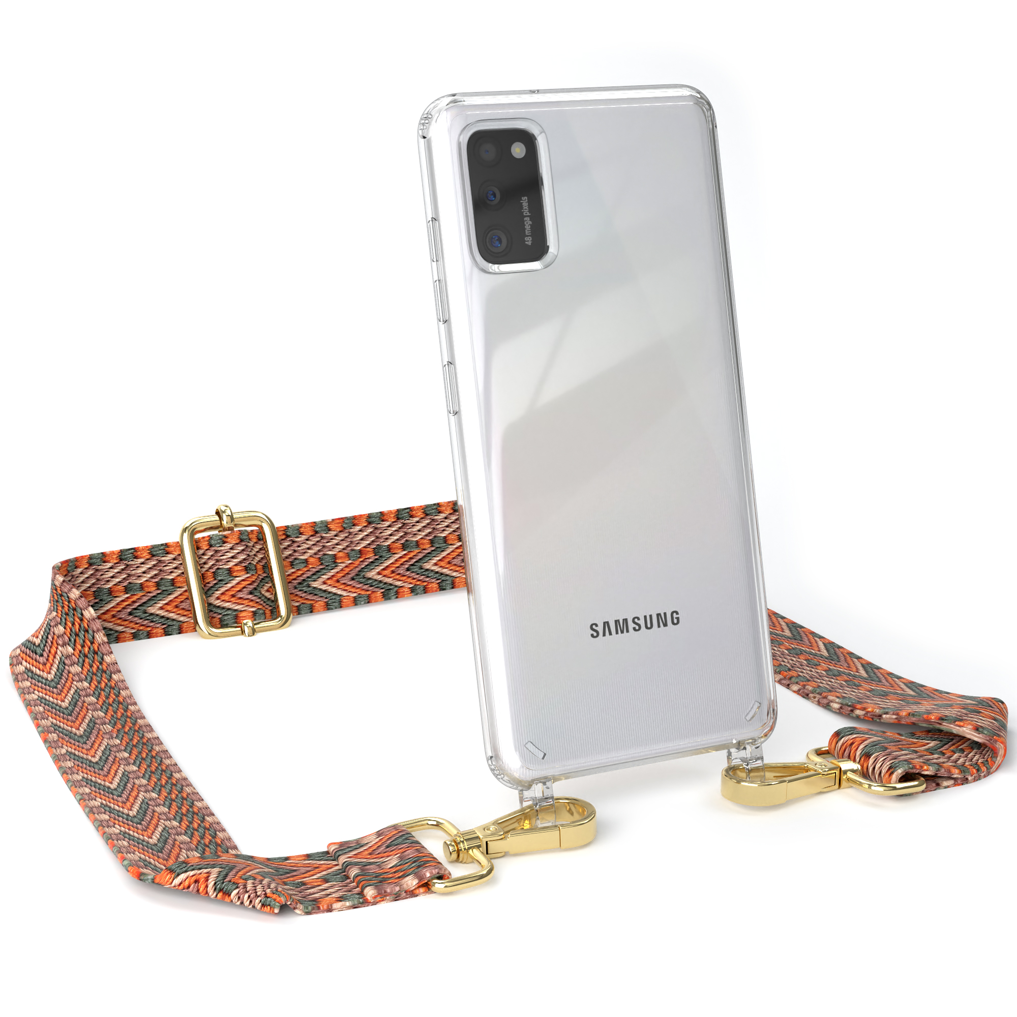 CASE Galaxy Boho Orange Umhängetasche, Samsung, Style, Handyhülle mit Transparente EAZY A41, Kordel / Grün